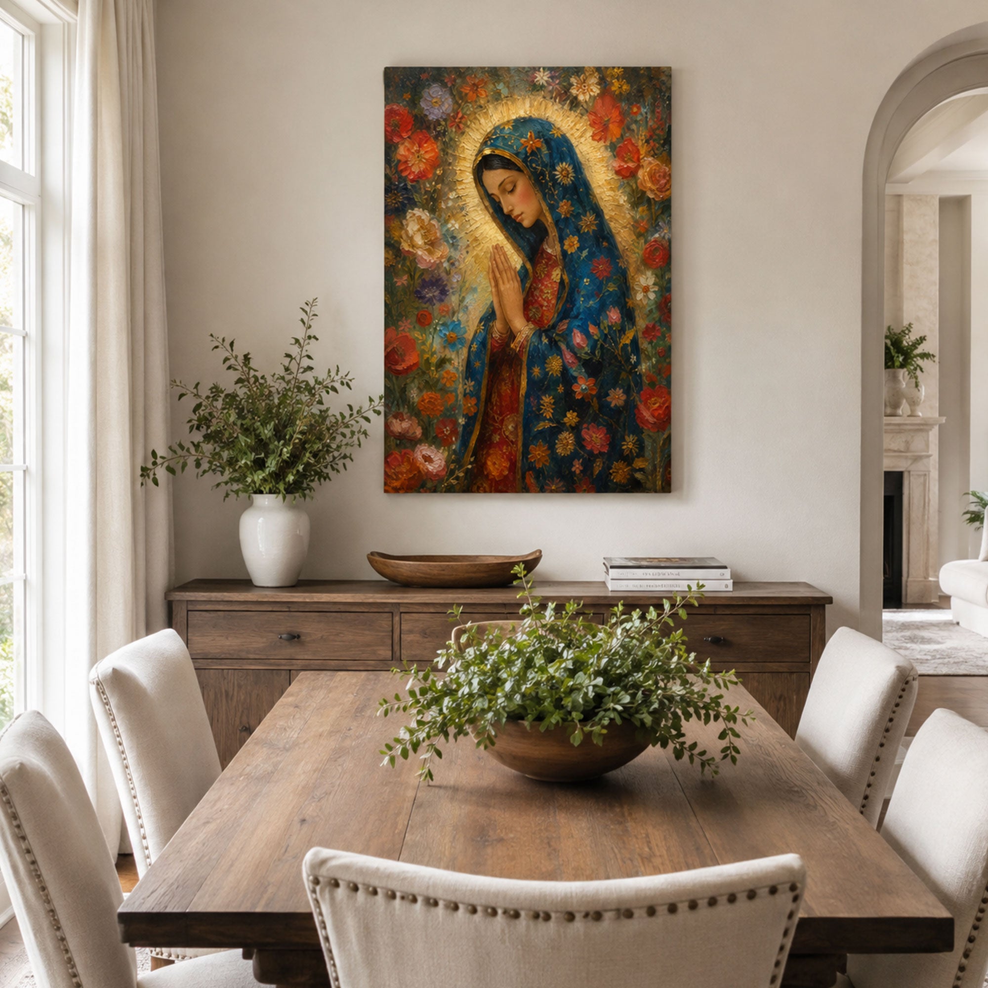 Our Lady of Guadalupe Floral Canvas Print, Virgin Mary Catholic Wall Decor, Marian Faith Gift