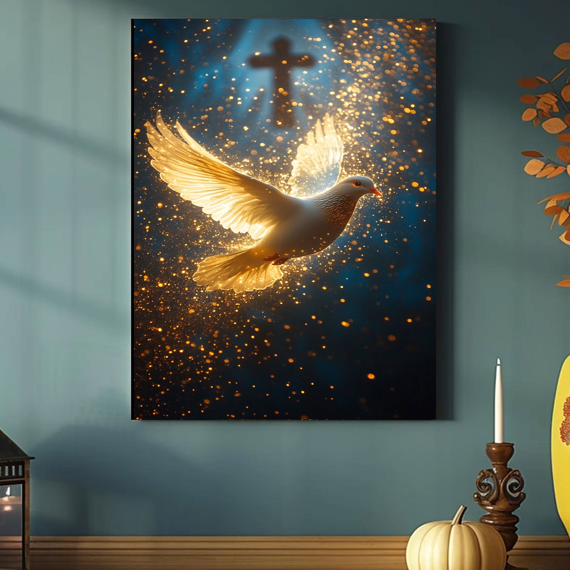 Light of the Spirit Canvas Print, Golden Dove and Cross Artwork, A Quiet Reminder of Faith, Presence, and Guidance