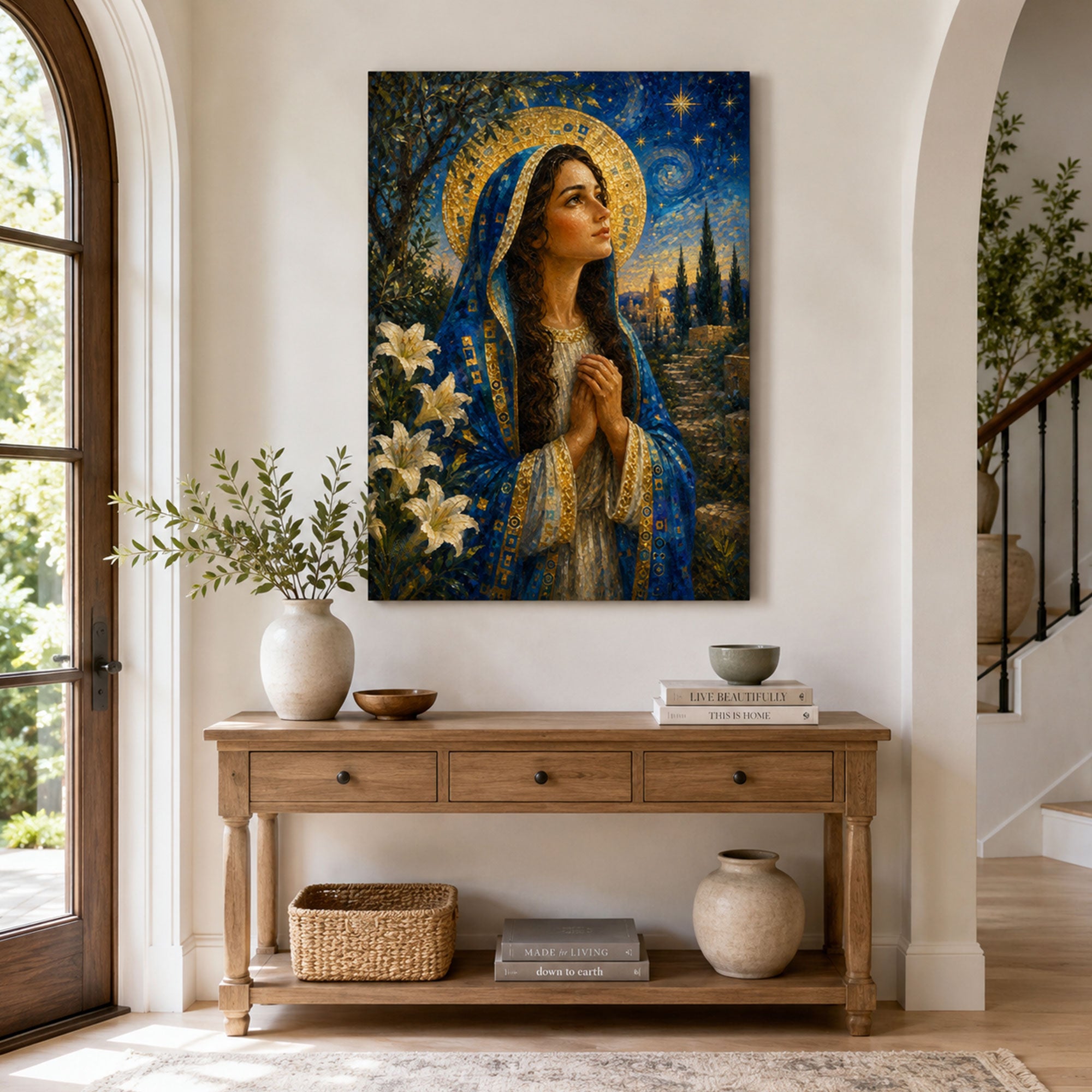 Mary Magdalene Prayer Canvas Print, Blue and Gold Catholic Home Decor