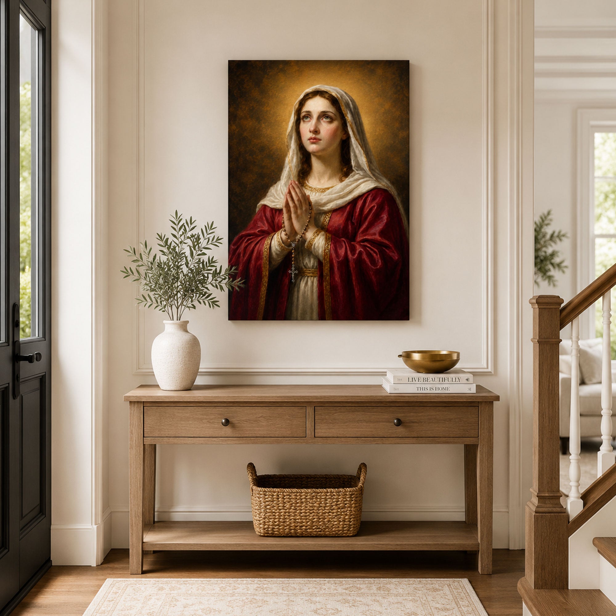Virgin Mary Praying with Rosary Canvas Print, Catholic Wall Decor, Marian Faith Gift