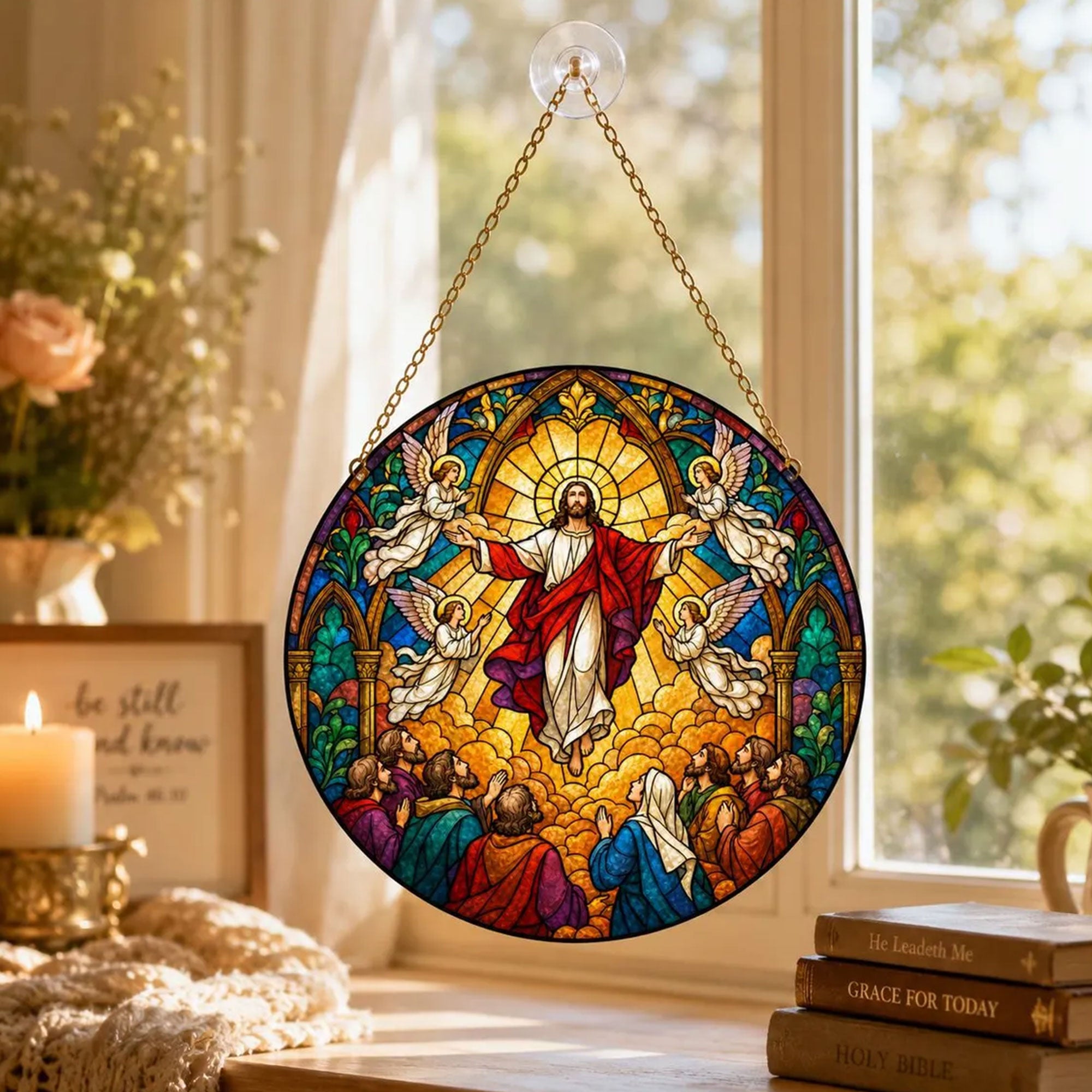 Jesus Ascension Stained Glass Ornament, Christian Window Suncatcher, Faith Decor Gift