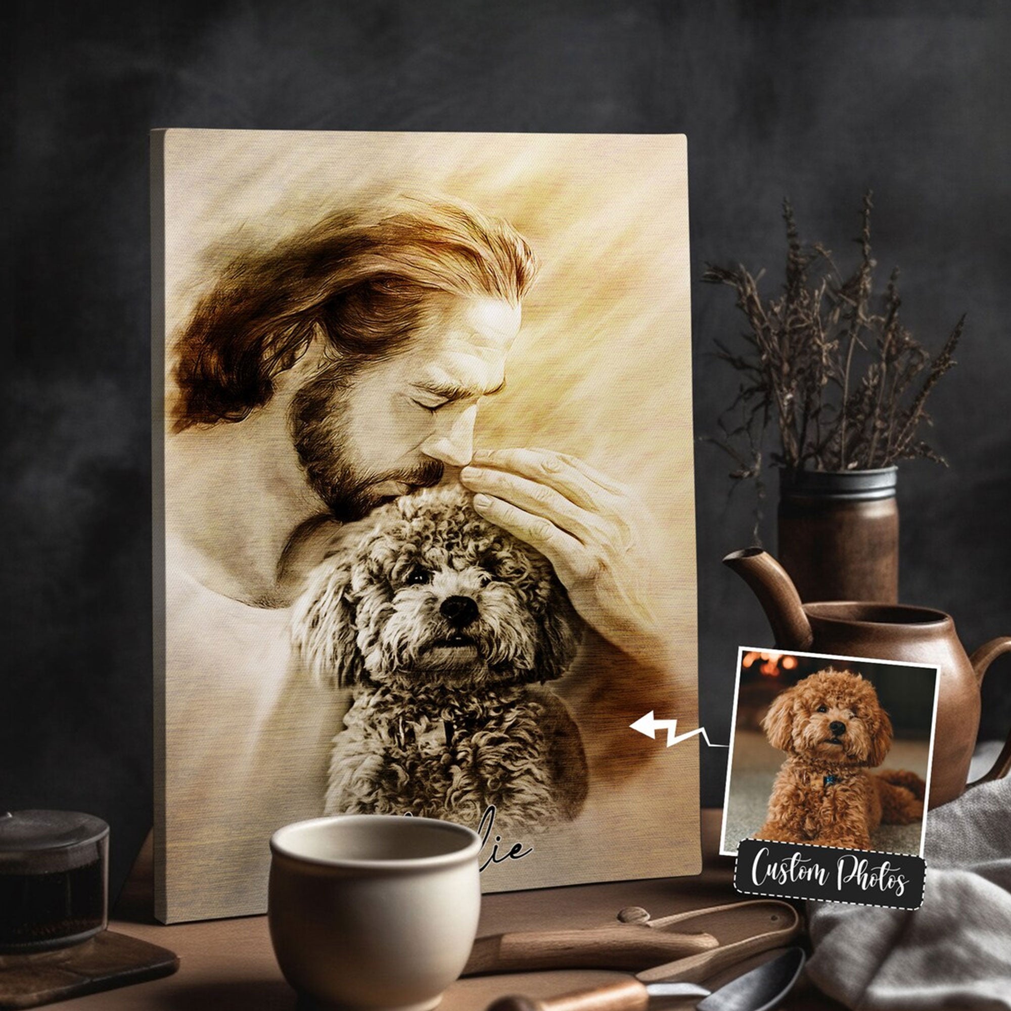 Personalized Jesus and Dog Memorial Canvas, Custom Pet Portrait, Sympathy Gift for Dog Loss