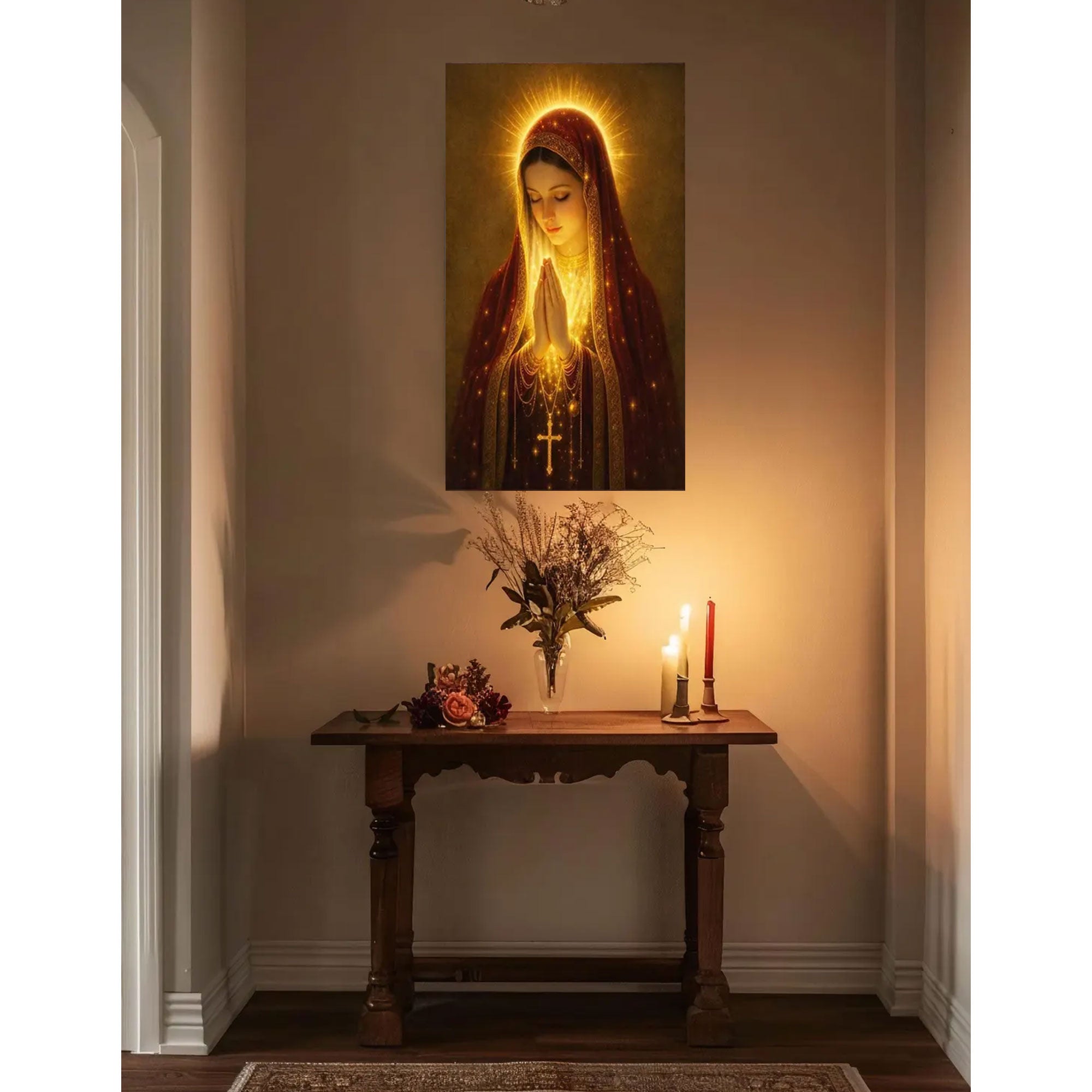 Virgin Mary Golden Halo Canvas Print, Blessed Mother Praying Wall Art, Catholic Religious Decor, Sacred Christian Home Artwork, Inspirational Faith Gift