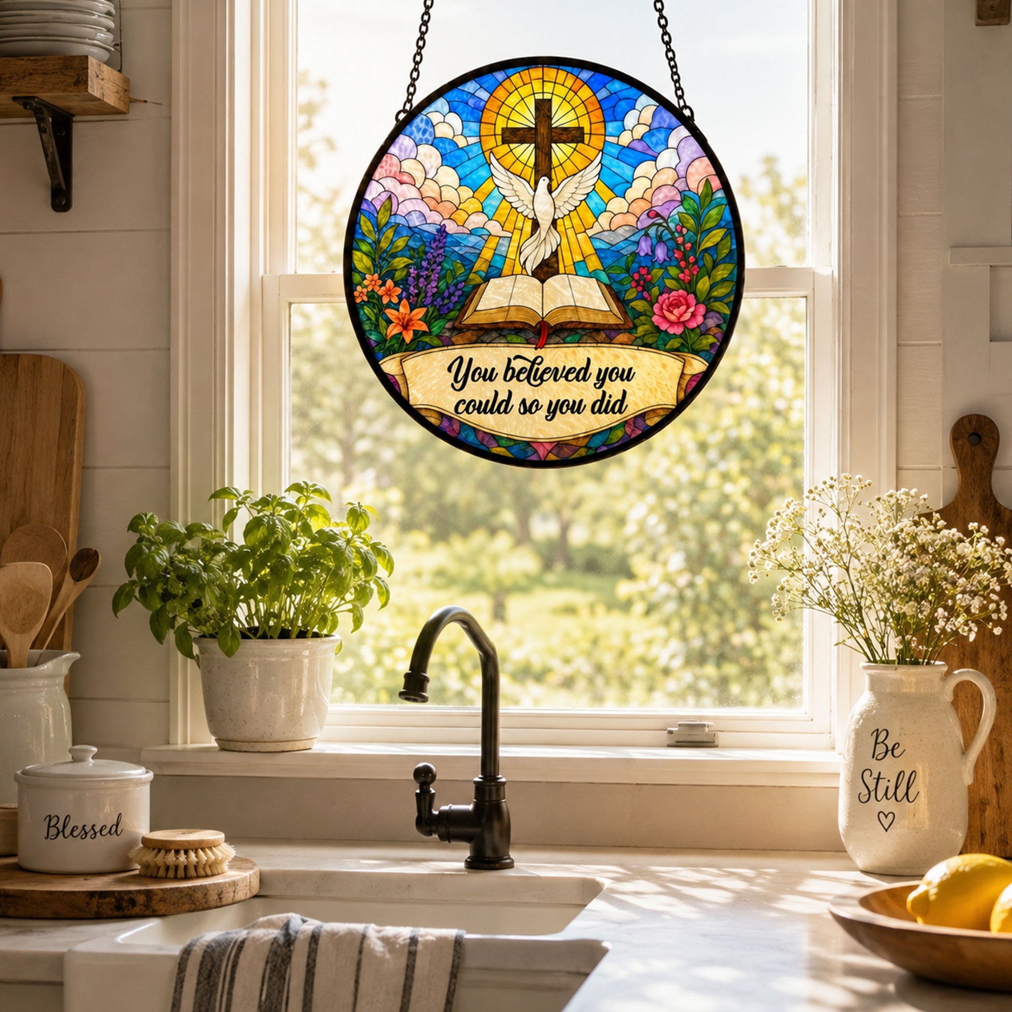 You Believed You Could So You Did Suncatcher, Christian Cross and Dove Window Hanging, Inspirational Faith Gift