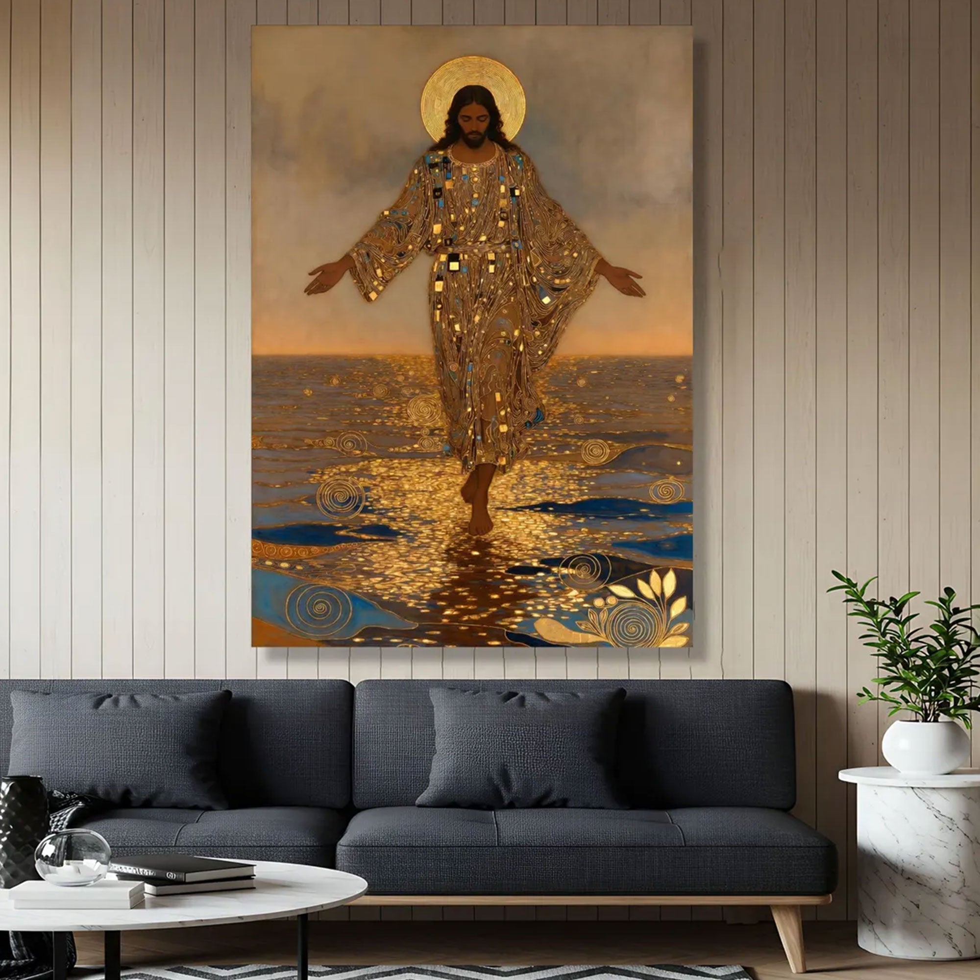 Gustav Klimt Style Jesus Walking on Water Canvas Print, Golden Halo Christian Wall Art, Religious Spiritual Decor