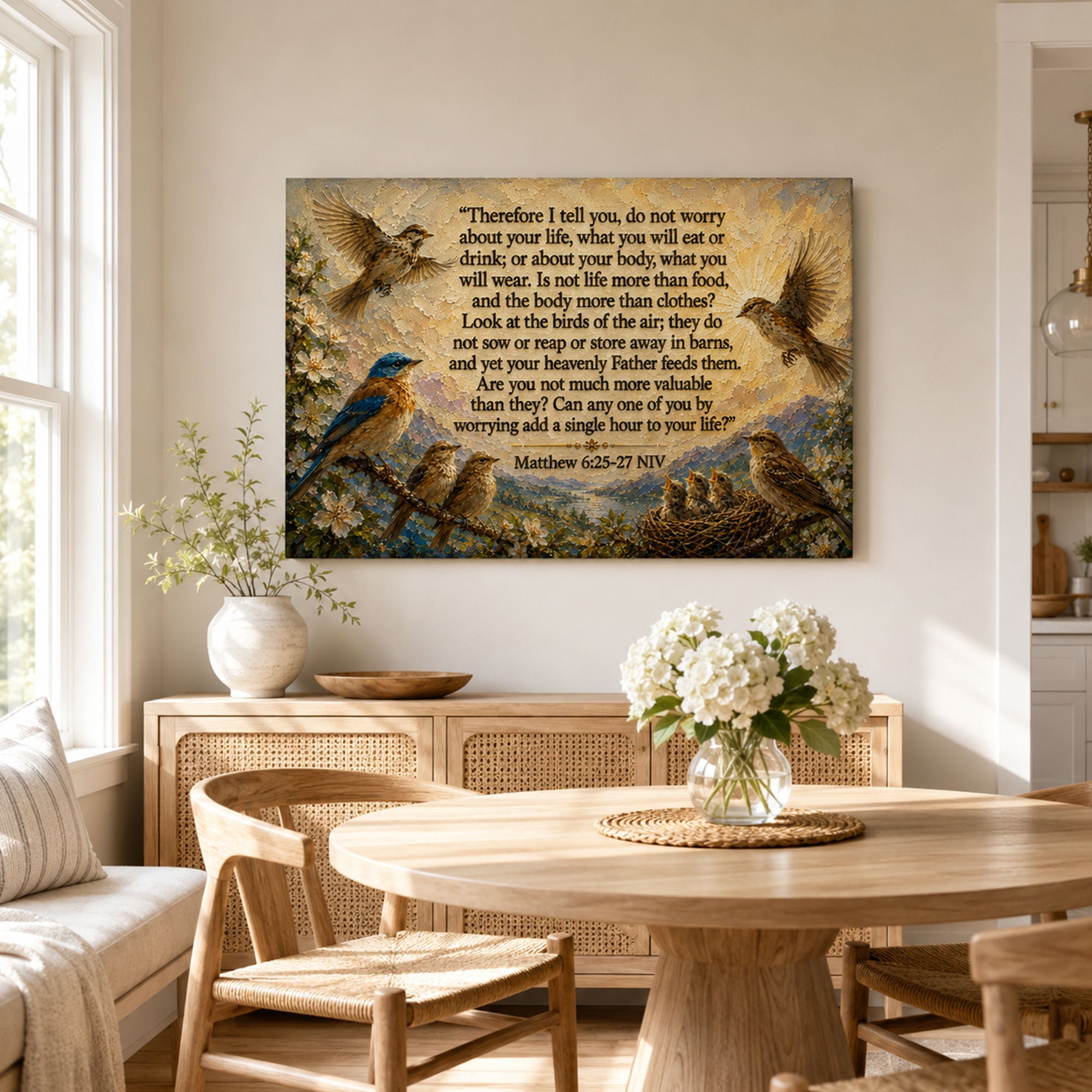 Do Not Worry Matthew 6:25-27 Canvas Print, Birds of the Air Christian Wall Decor, Bible Verse Faith Gift