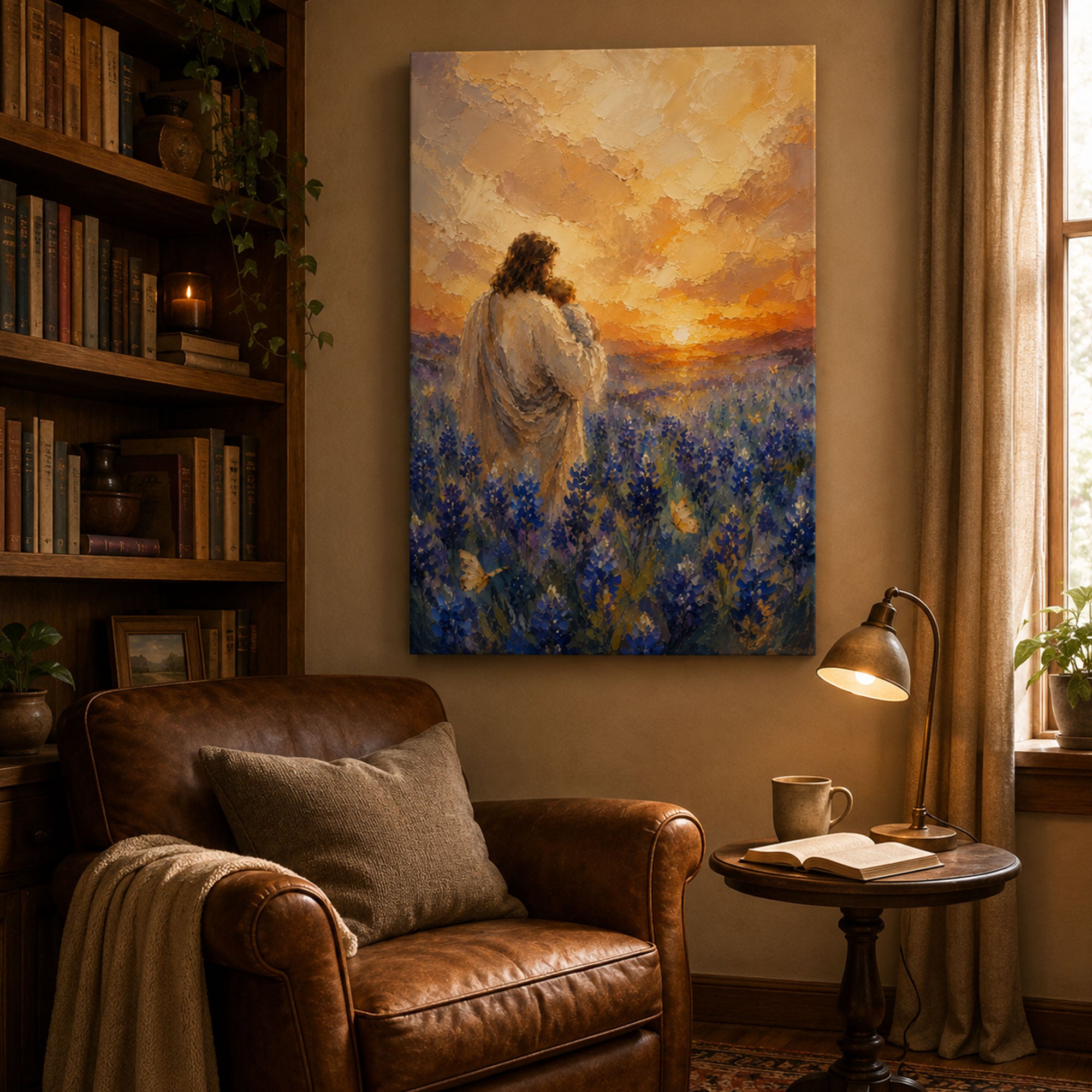 Jesus Holding Child Canvas Print, Peaceful Christian Wall Art, Wildflower Meadow Faith Home Decor