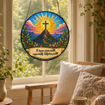 Firm Faith Christian Cross Suncatcher, Mountain Sunrise Window Hanging, Inspirational Religious Gift