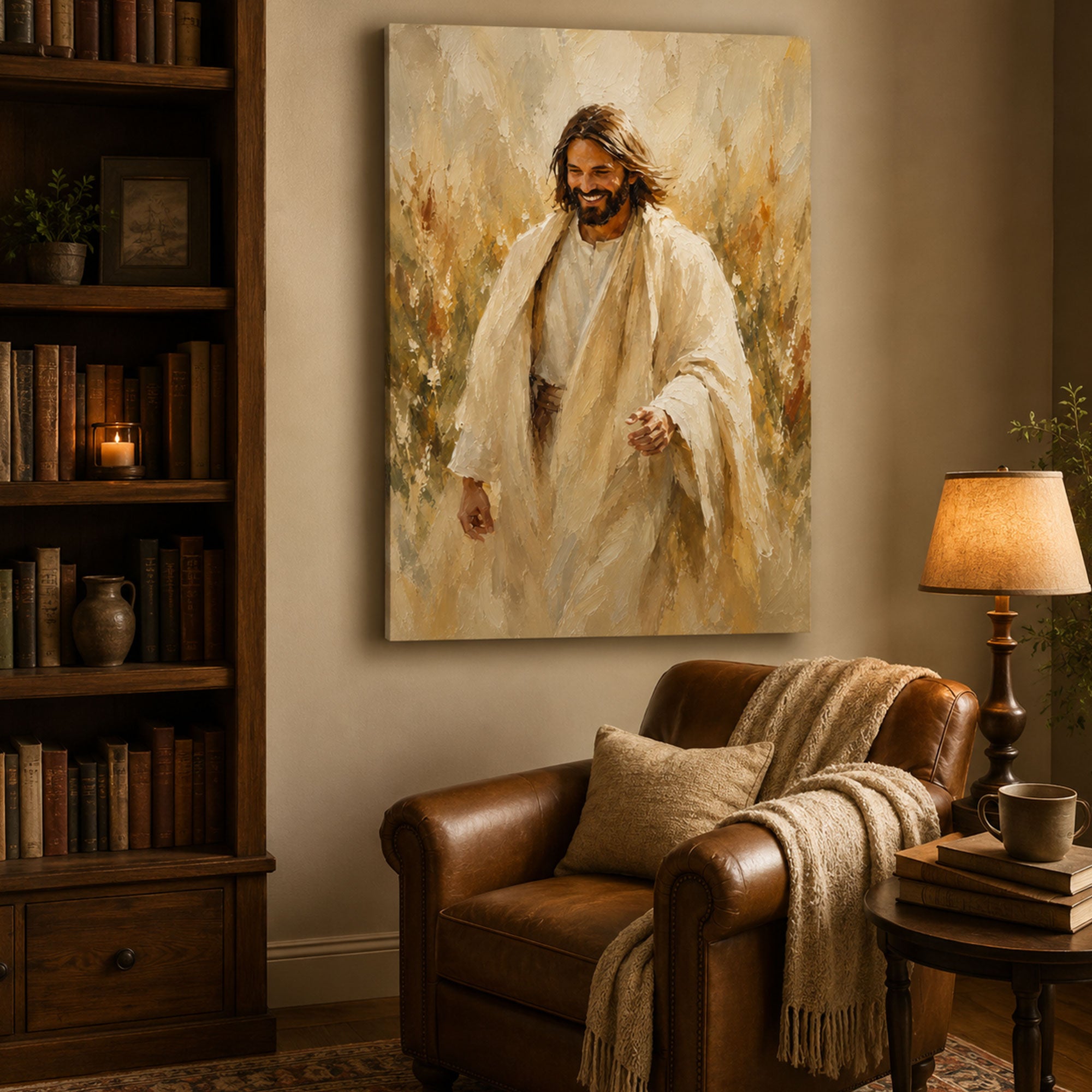 Smiling Jesus Canvas Print, Peaceful Christian Wall Art, Warm Faith Home Decor