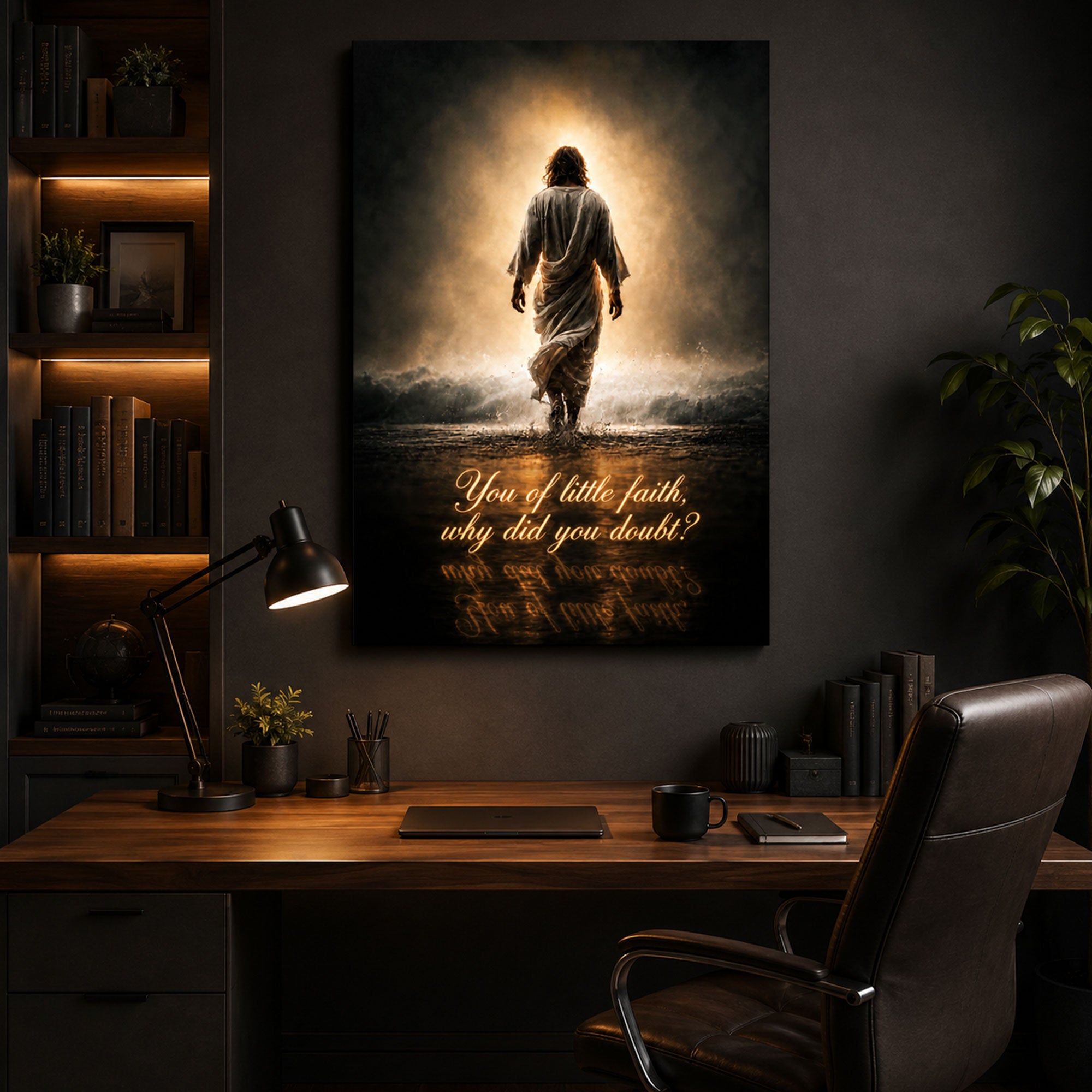 You of Little Faith Canvas Print, Jesus Walking on Water Christian Wall Art, Inspirational Bible Verse Faith Decor