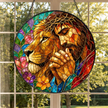 Jesus and Lion of Judah Suncatcher, Crown of Thorns Christian Window Hanging, Faith Gift