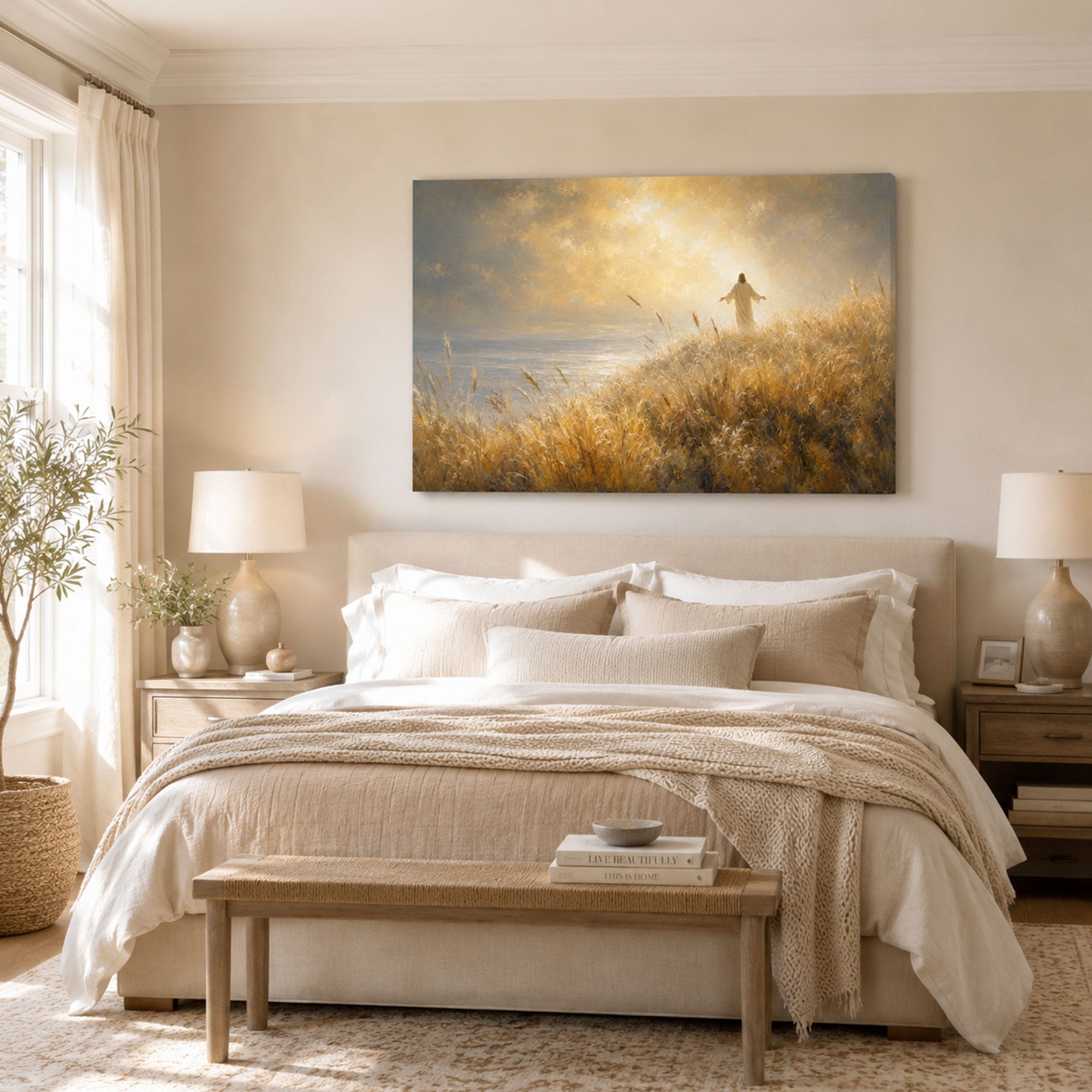 Jesus Walking Through Golden Meadow Canvas Print, Christian Light of Christ Wall Art, Peaceful Faith Home Decor Gift