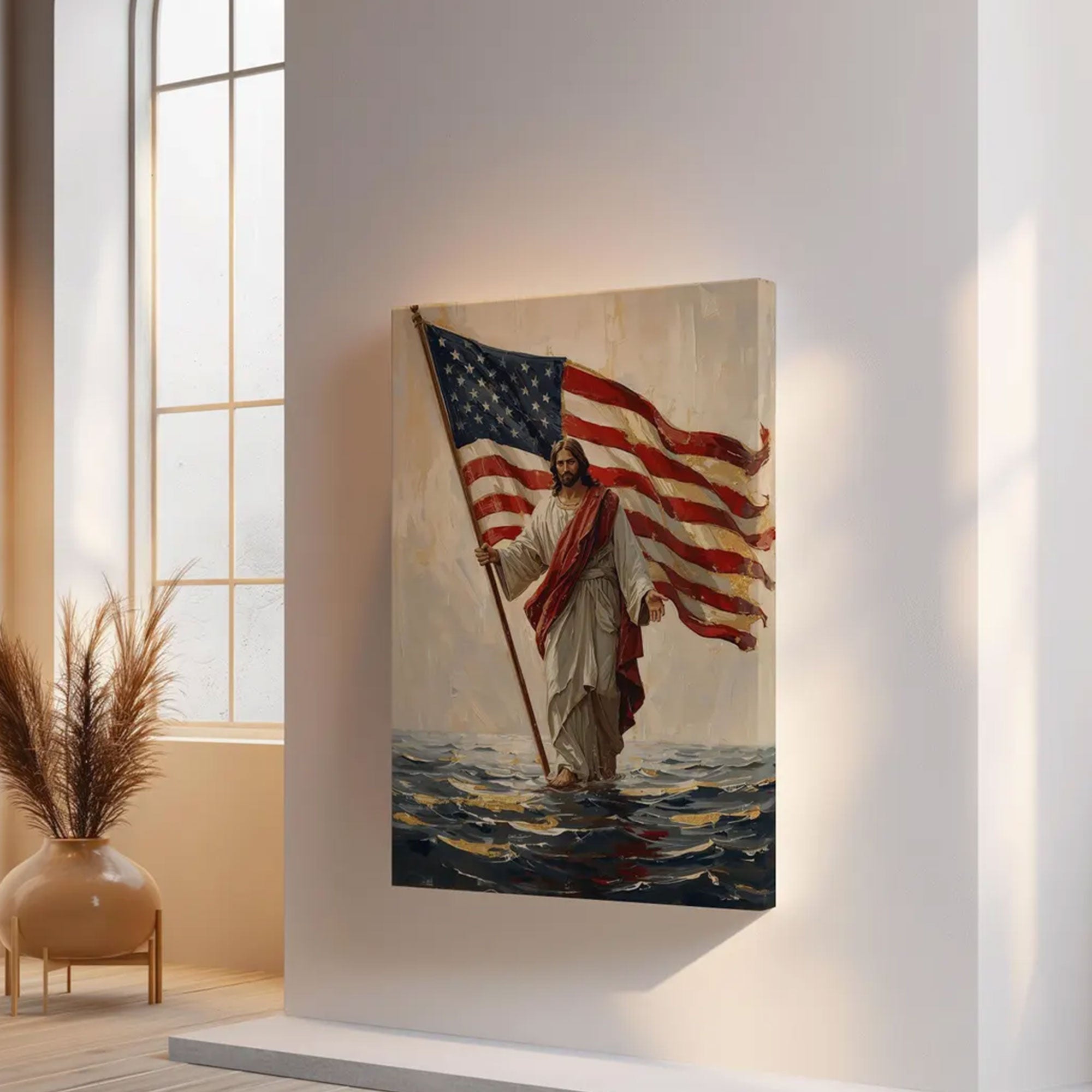 America 250 Patriotic Jesus Canvas Print, 1776–2026 Christian Wall Art, USA Faith Anniversary Decor