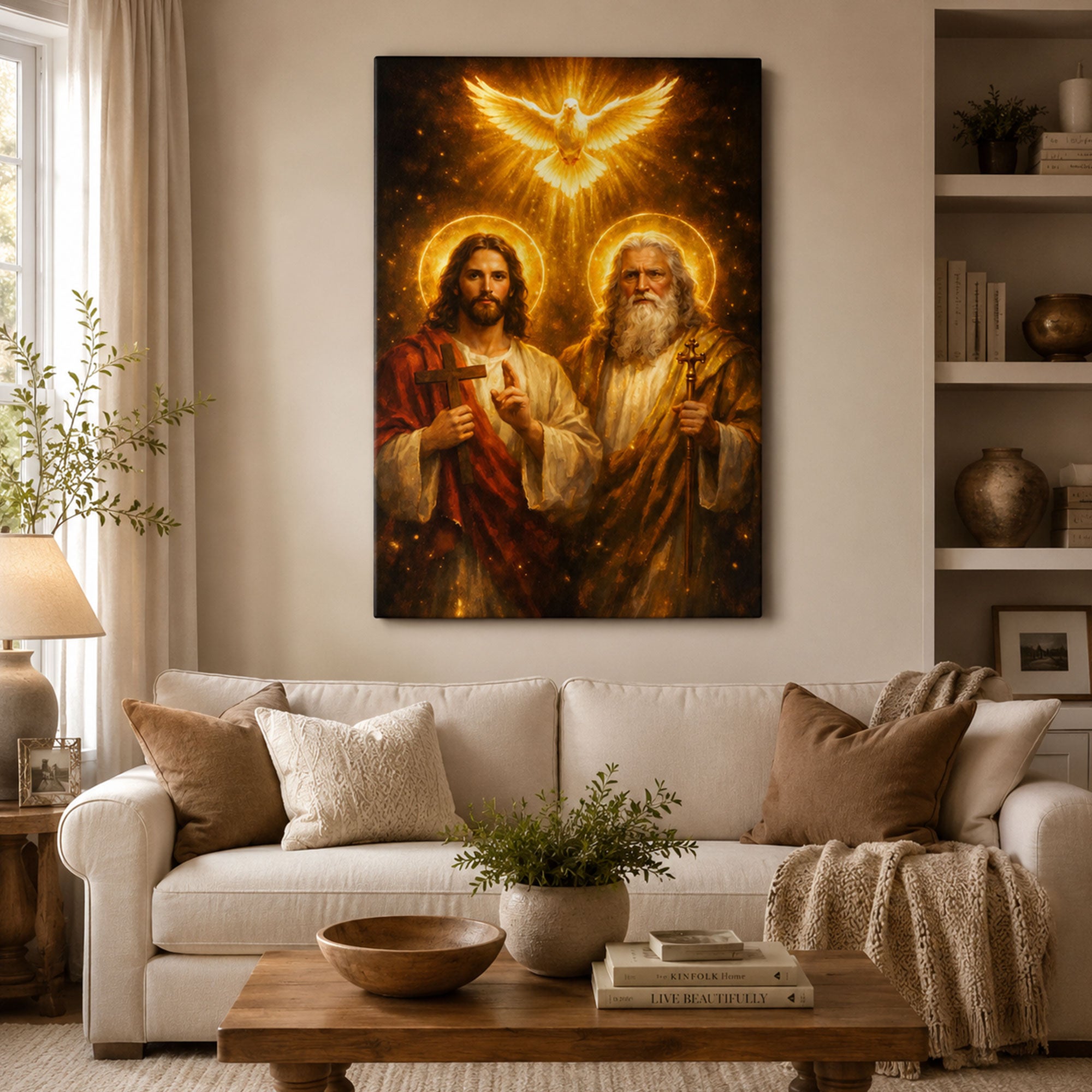 Holy Trinity Canvas Print, Jesus Christ God the Father and Holy Spirit Dove Christian Wall Art, Catholic Religious Home Decor