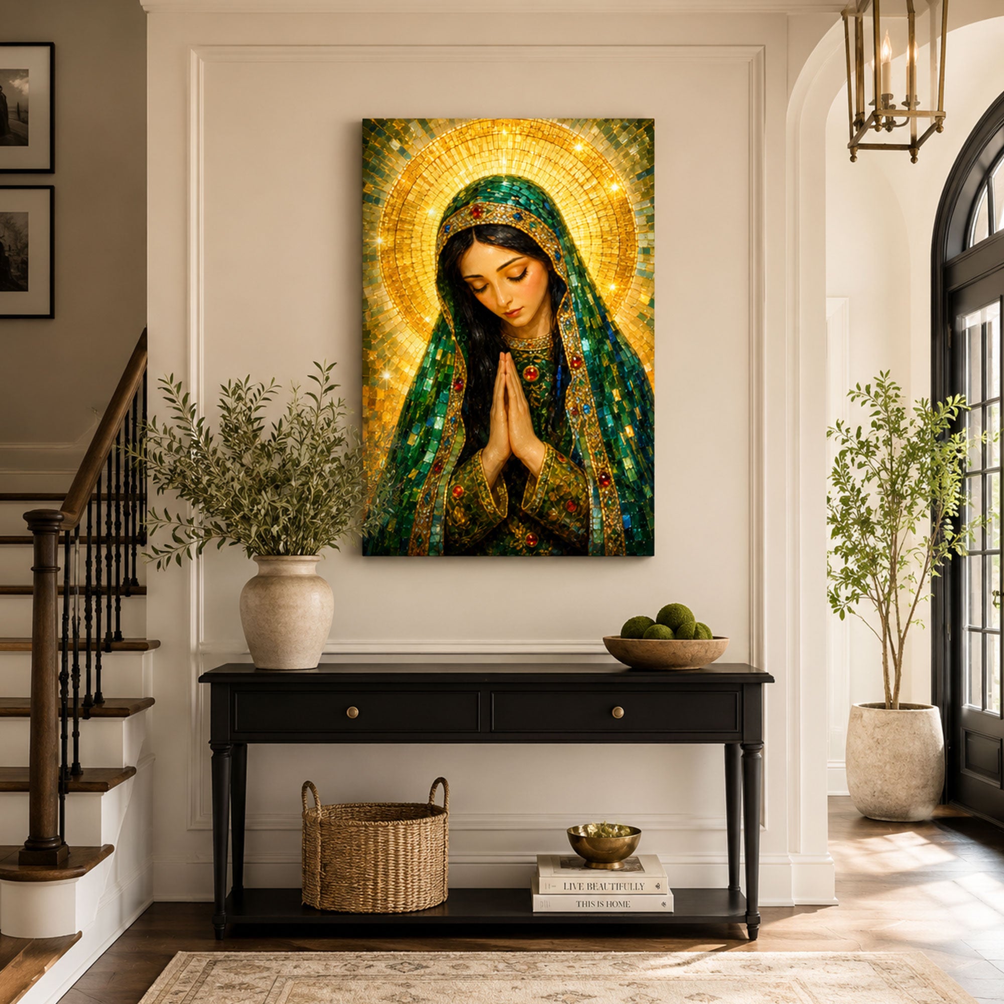 Our Lady of Emerald Grace Canvas Print, Mosaic Catholic Decor