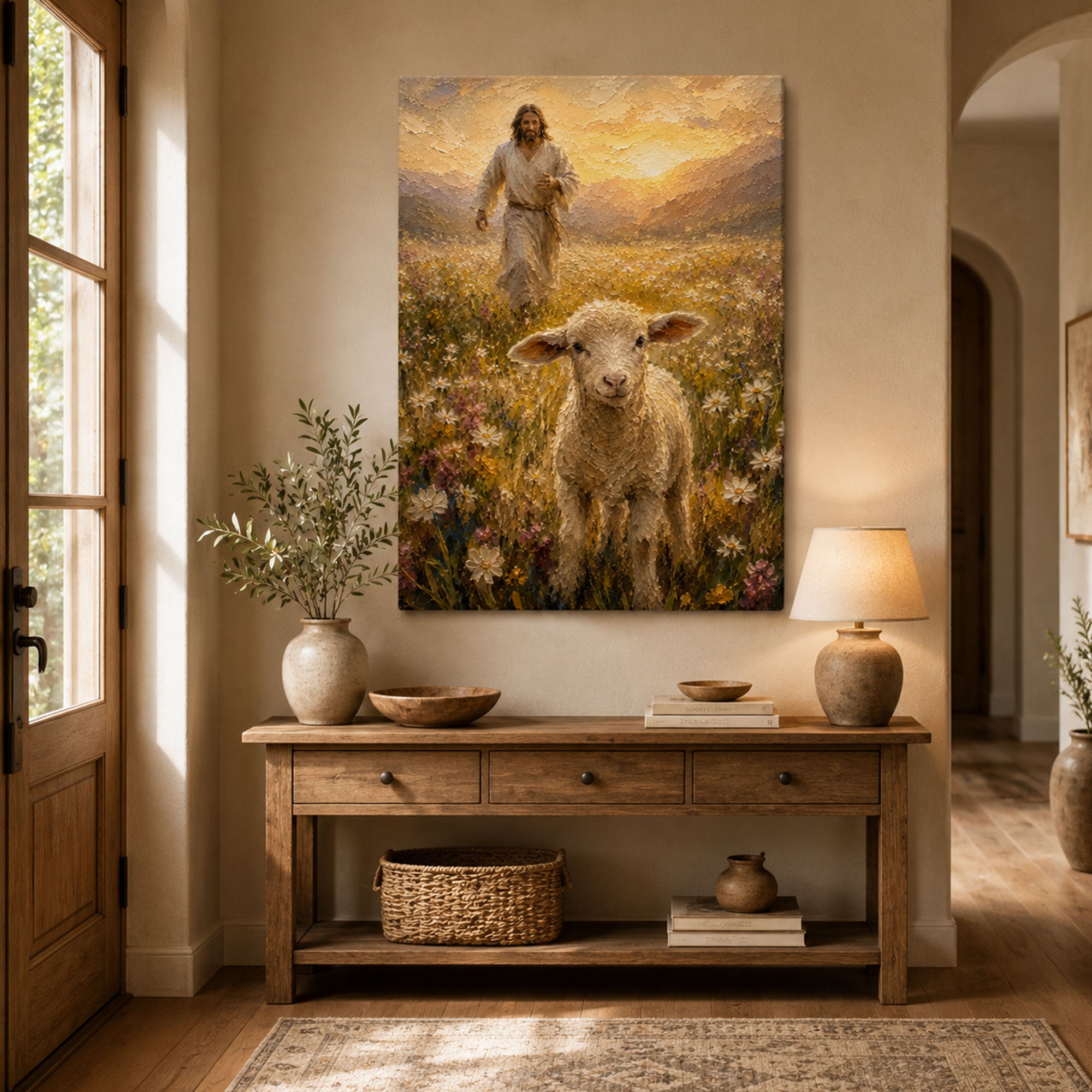 Good Shepherd Jesus and Lamb Canvas Print, Peaceful Christian Wall Art, Wildflower Meadow Home Decor