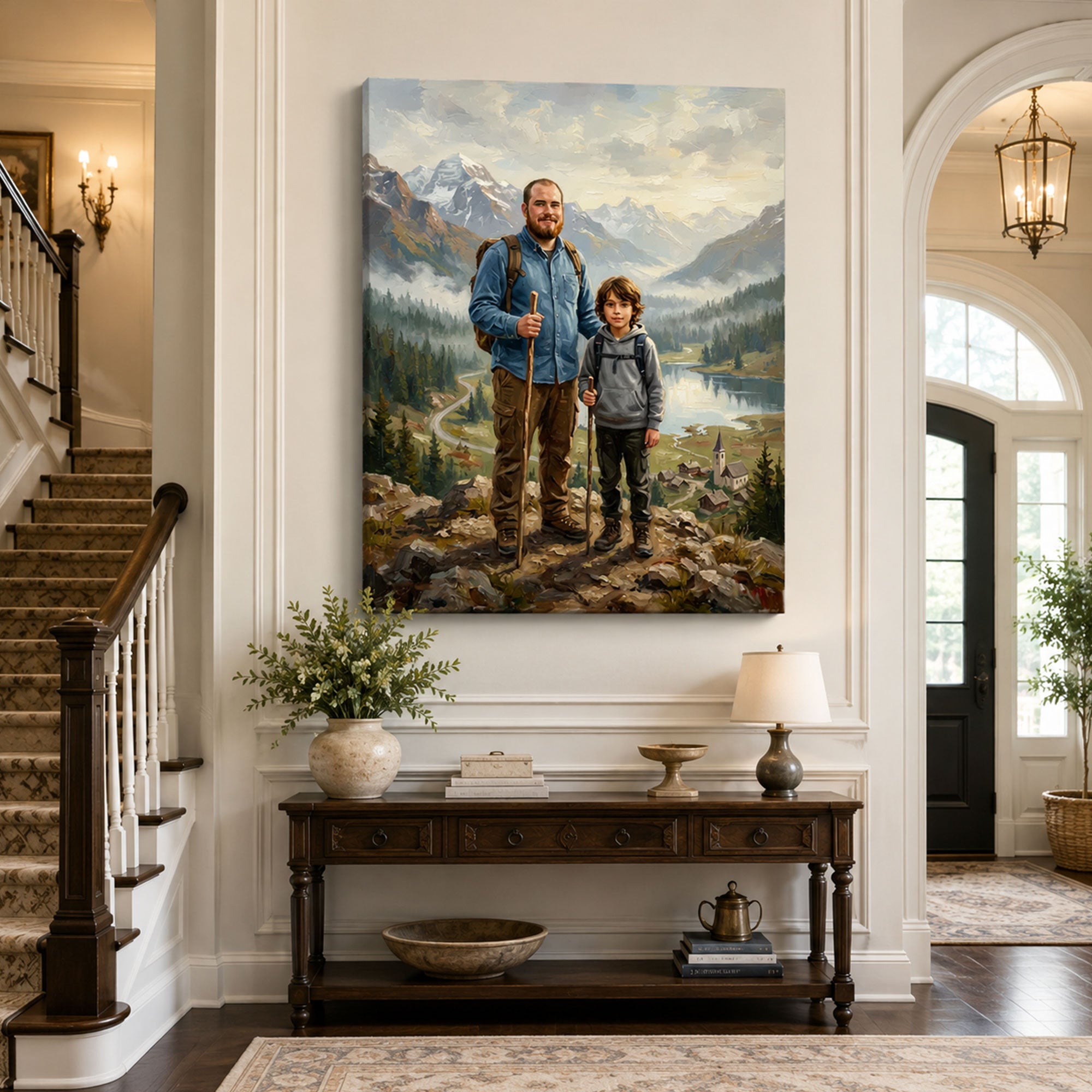 Custom Mountain Explorer Family Canvas, Personalized Father and Son Adventure Wall Art, Father’s Day Gift