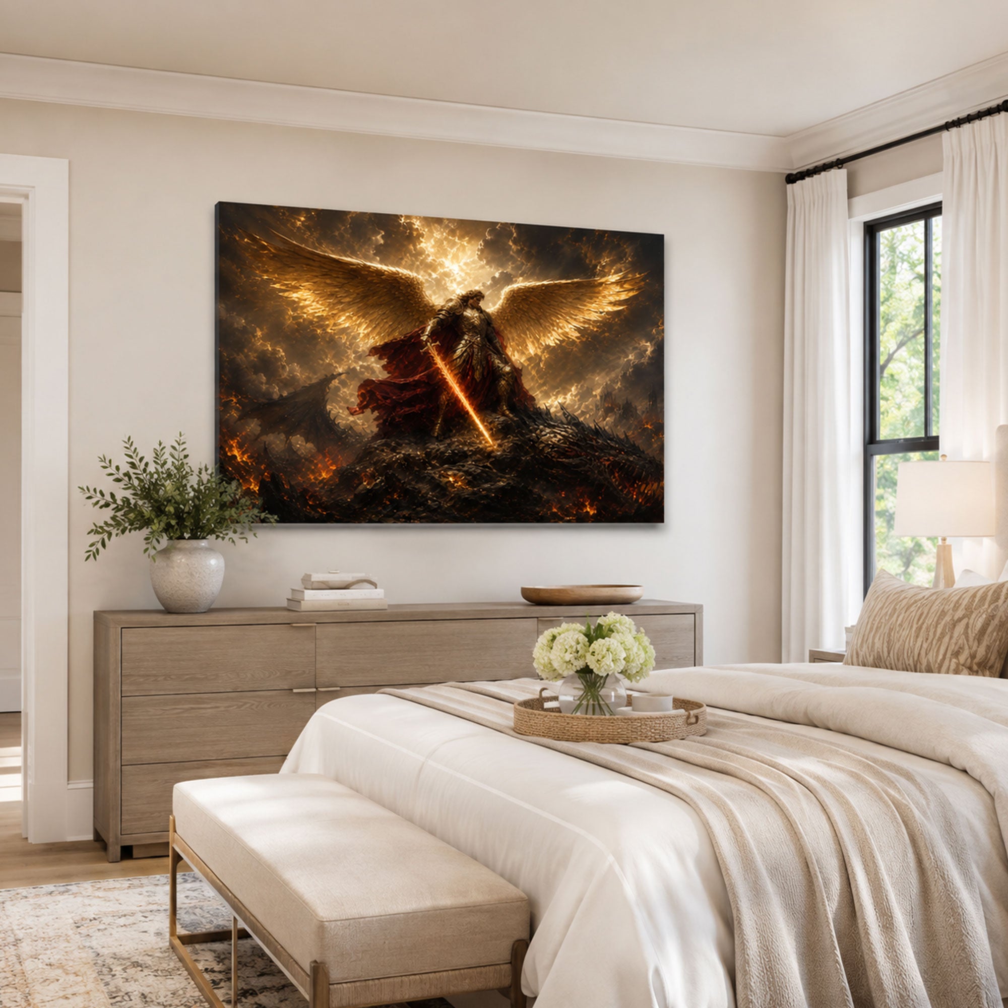 Saint Michael Defeating the Dragon Canvas Print, Revelation 12 Christian Wall Decor, Protection Gift