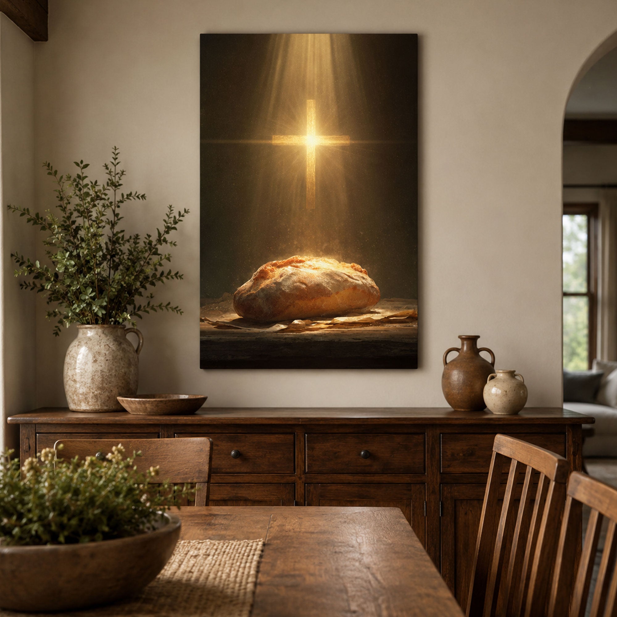 Bread of Life Wall Art, Christian Eucharist Canvas Print, Cross Light Religious Faith Decor
