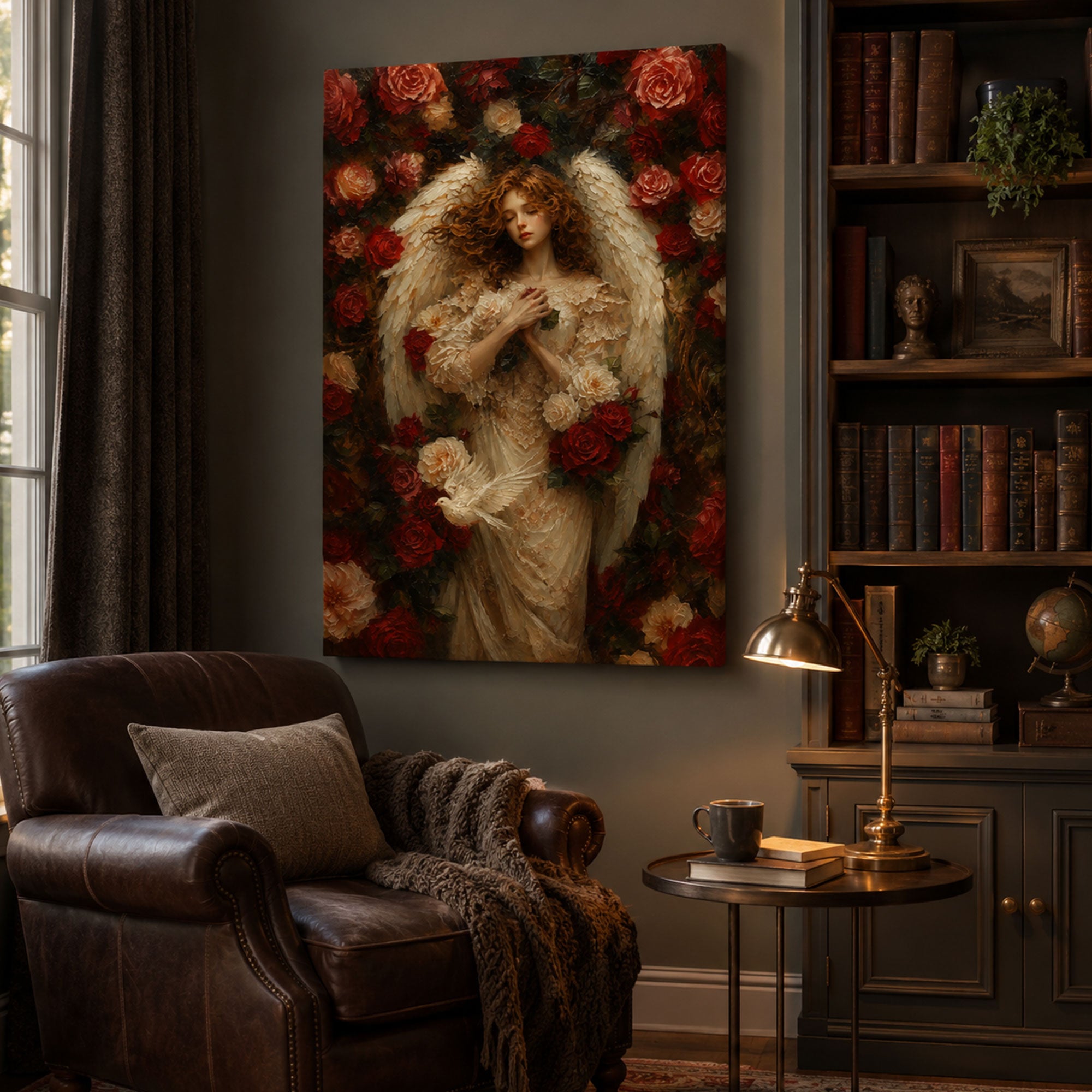 Guardian Angel with Roses Canvas Print, Christian Angel Wall Art, Faith Home Decor