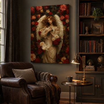 Guardian Angel with Roses Canvas Print, Christian Angel Wall Art, Faith Home Decor