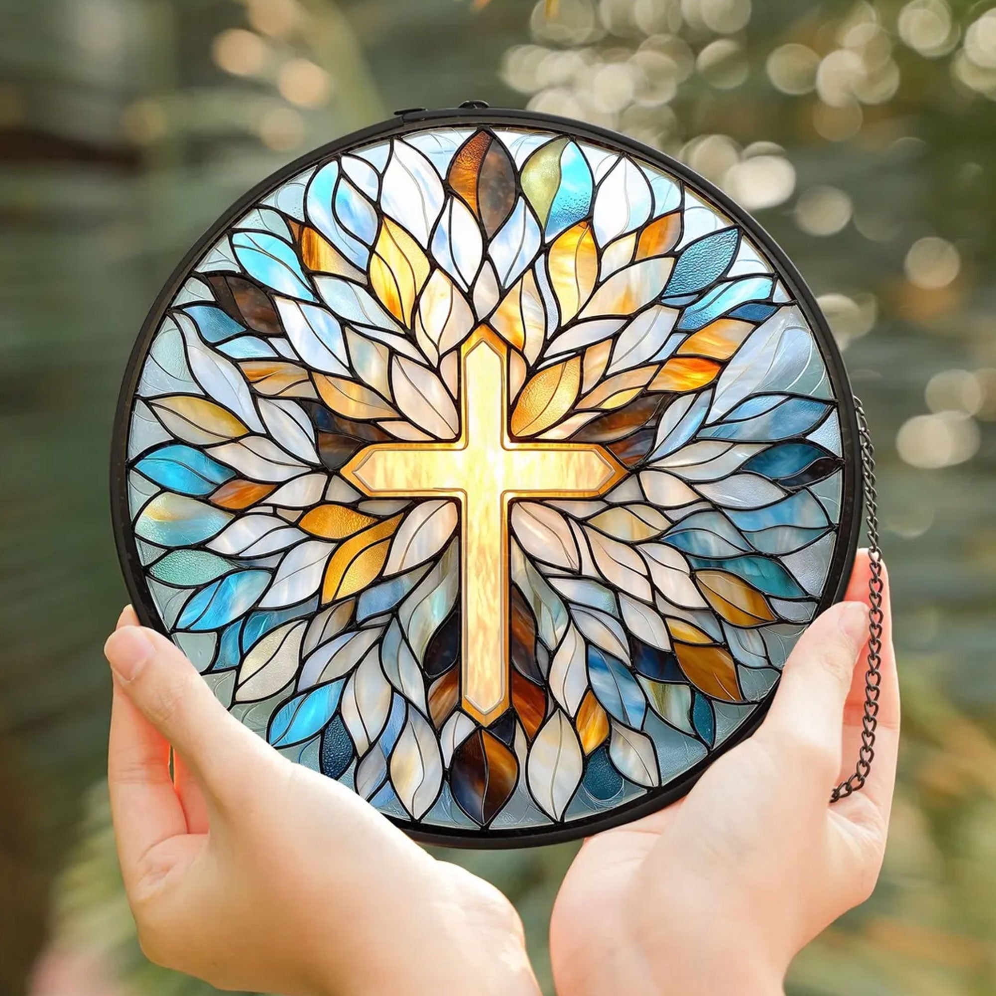 Stained Glass Cross Suncatcher, Spiritual Christian Window Decor, Faith-Based Home Accent Gift