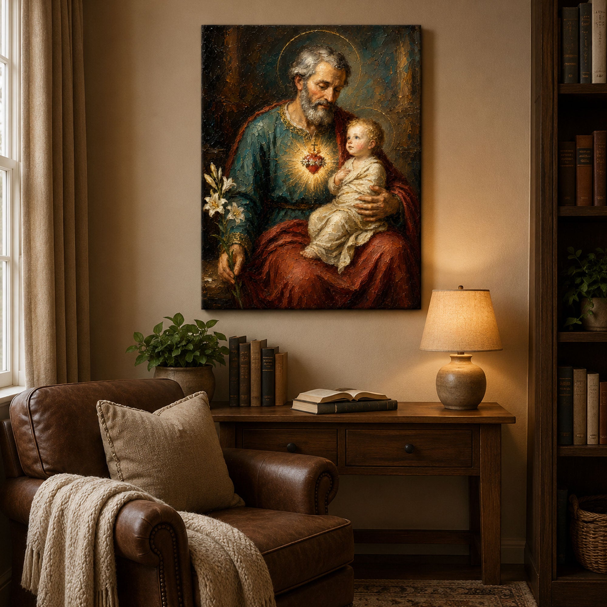St. Joseph and Child Jesus Canvas Print, Sacred Heart Catholic Wall Art, Patron of Families Home Decor
