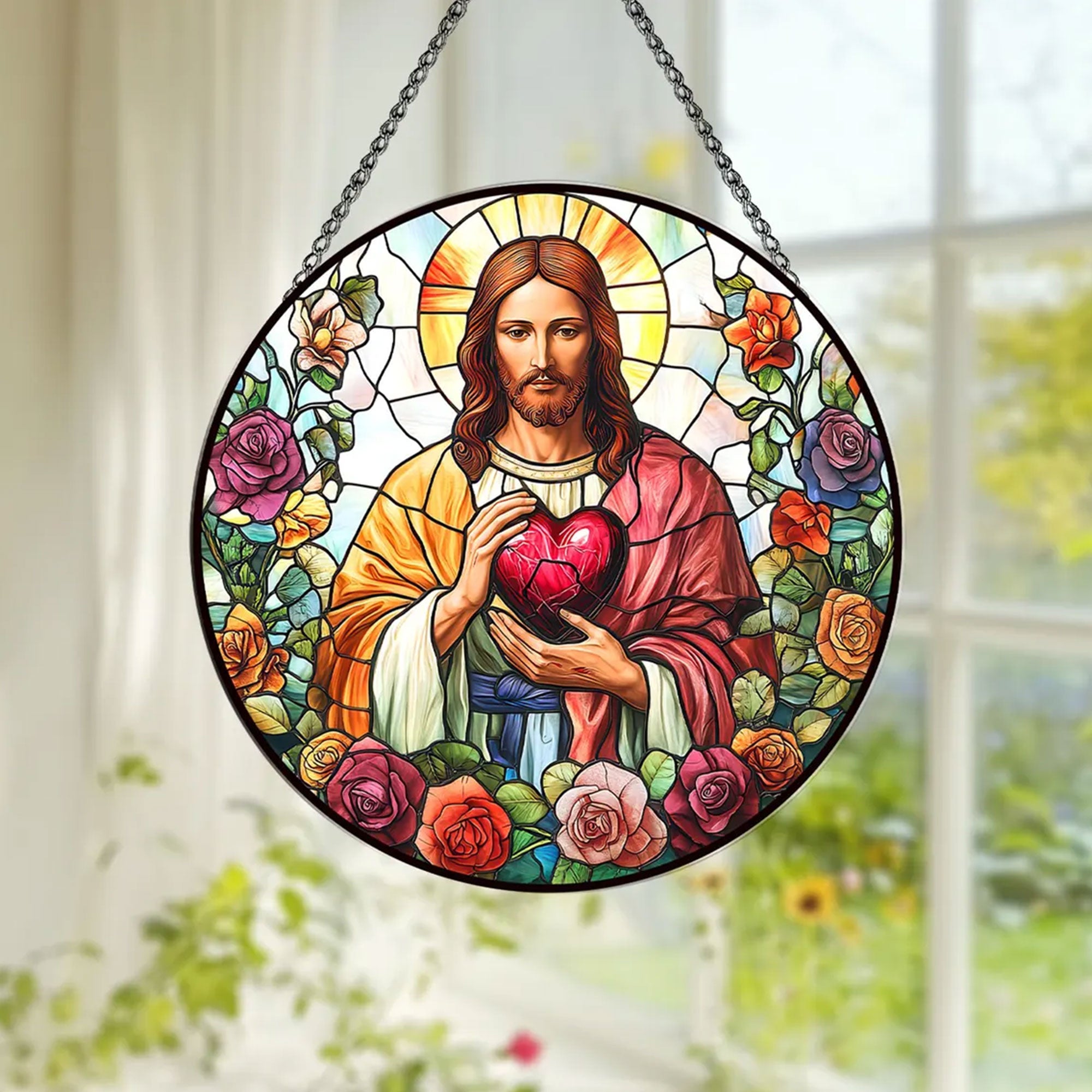 Sacred Heart of Jesus Stained Glass Suncatcher, Christian Window Hanging Decor, Catholic Religious Faith Gift