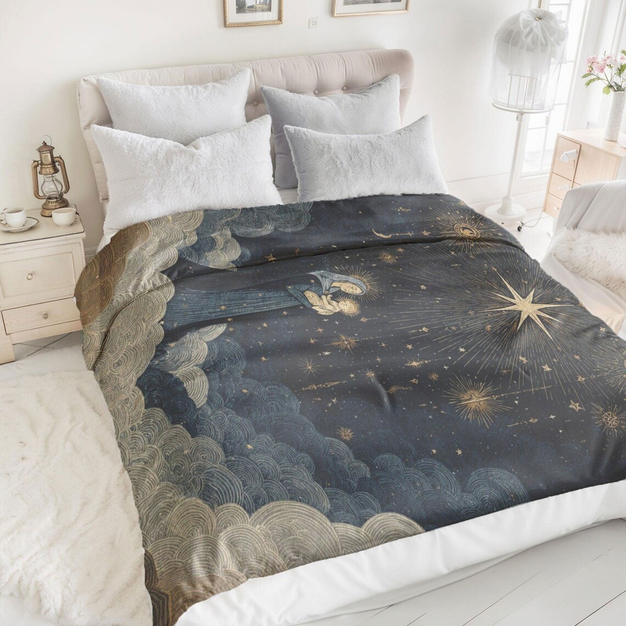 Virgin Mary and Baby Jesus Fleece Blanket, Religious Christian Art Throw, Celestial Star Design, Faith Gift, Catholic Home Decor