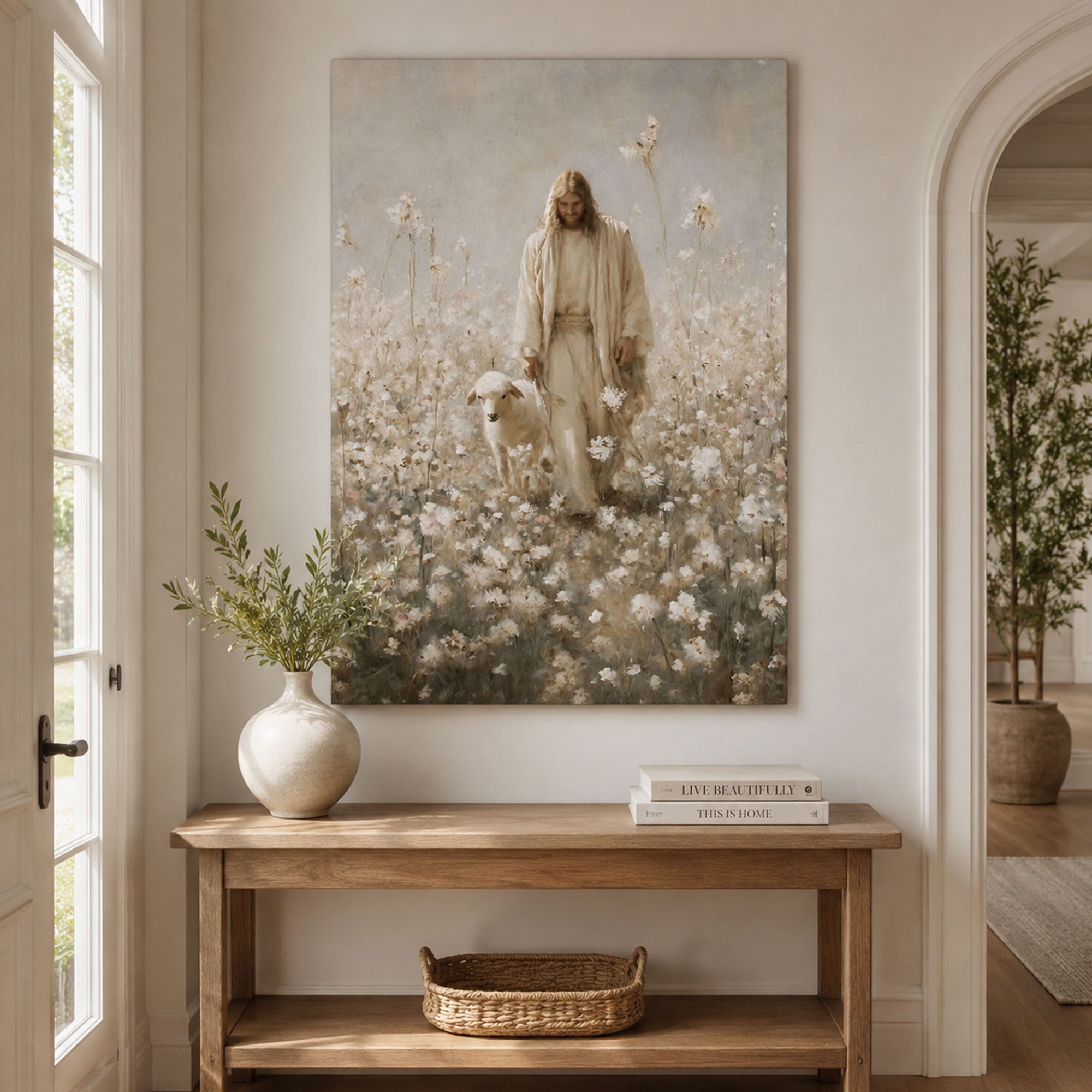 Jesus the Good Shepherd Canvas Print, Walking with Lamb in Wildflower Field, Neutral Christian Wall Art, Religious Home Decor, Faith Inspired Gift