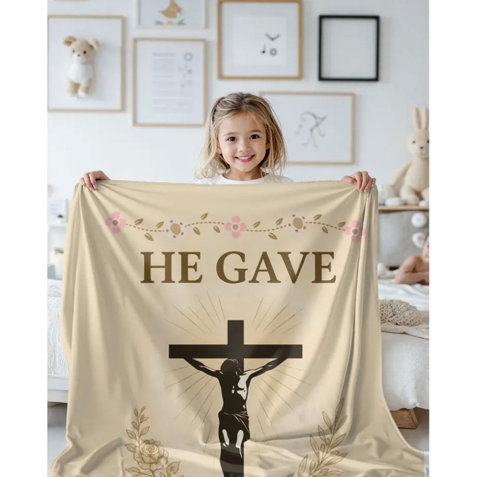 Christian Fleece Blanket, Jesus Crucifixion Throw, He Gave So We Could Live Scripture Blanket, Faith Gift for Mom, Grandma, Bible Verse Gift