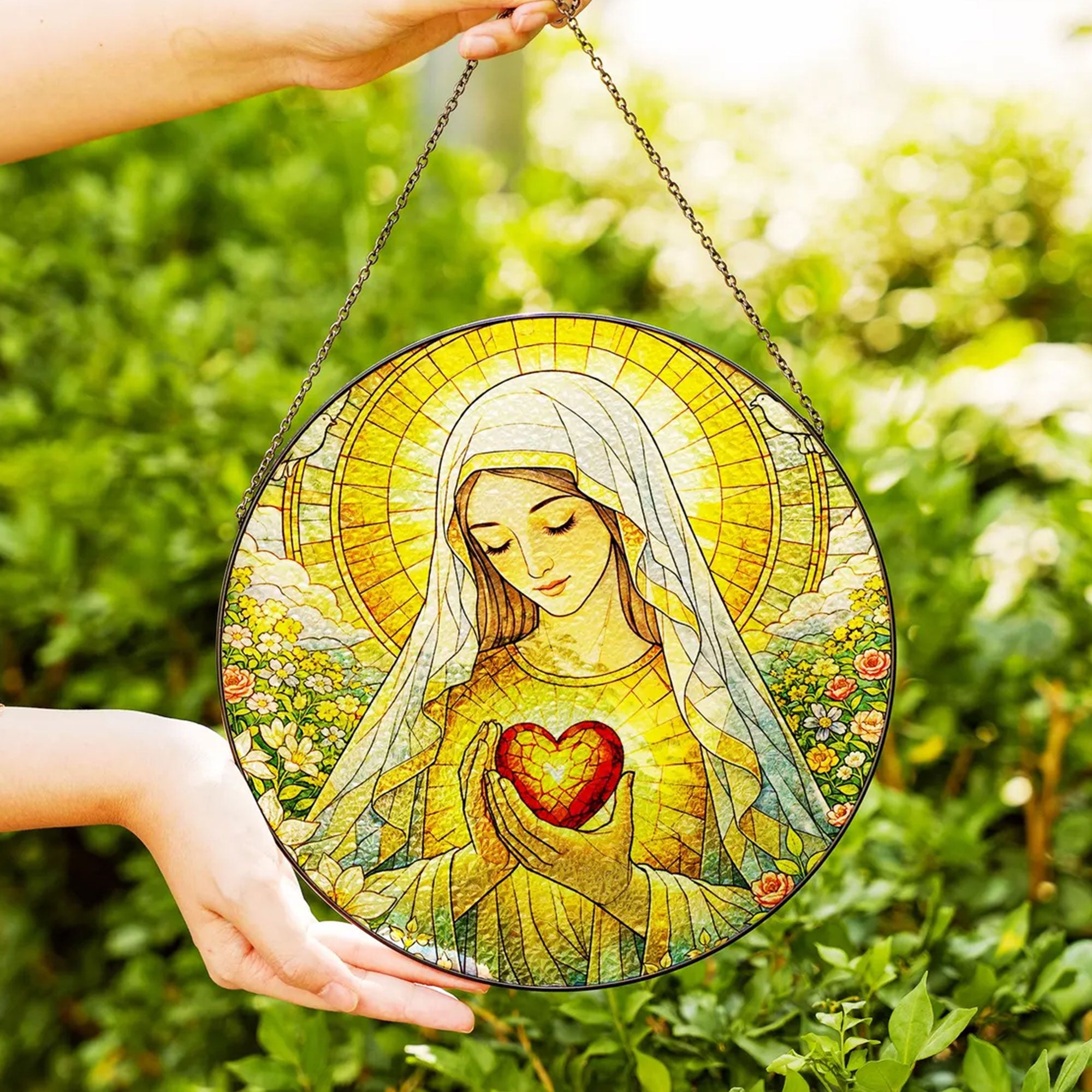 Virgin Mary Stained Glass Suncatcher, Immaculate Heart of Mary Window Hanging, Catholic Religious Decor, Faith Gift
