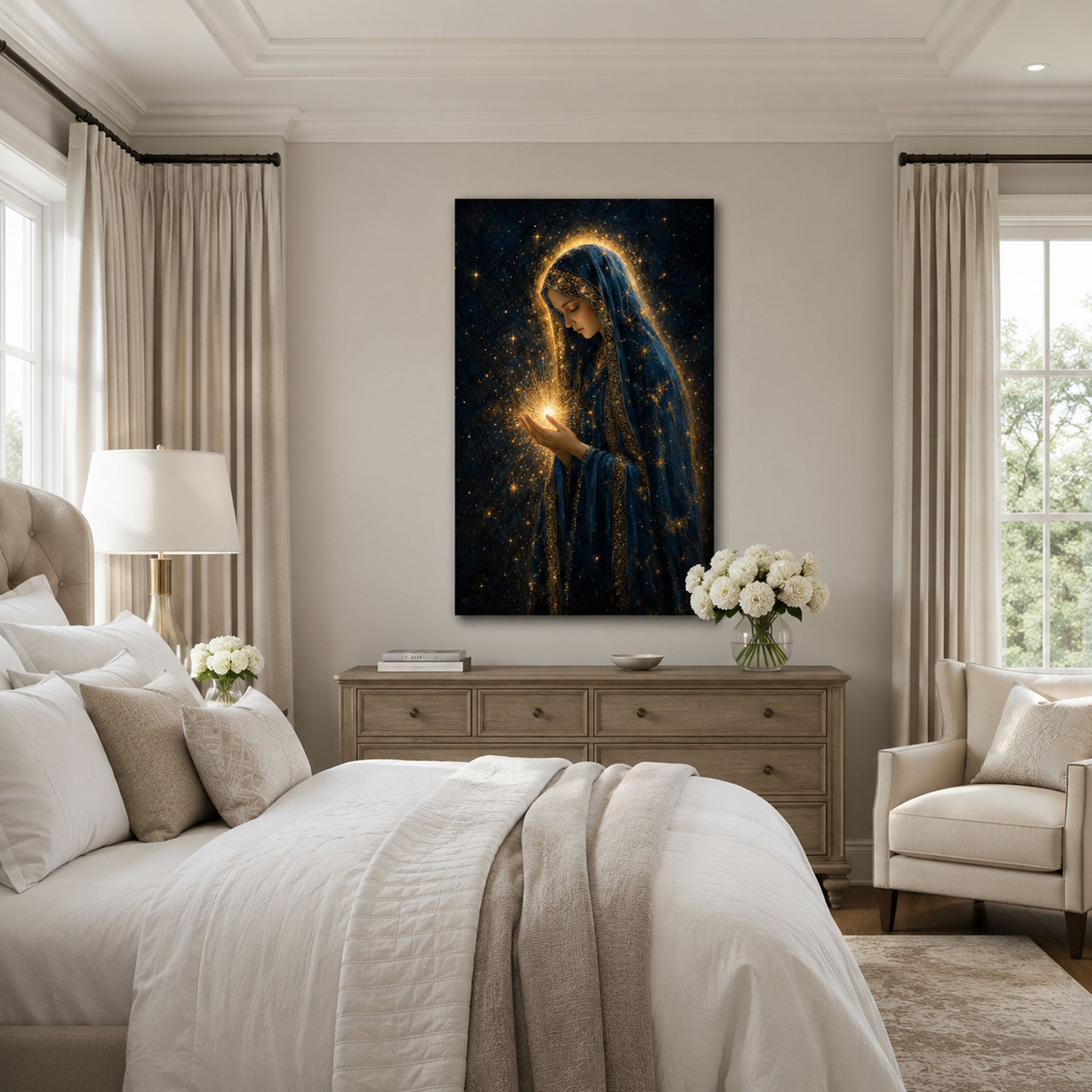 Blessed Virgin Mary Holding Divine Light Canvas Print, Midnight Blue Catholic Decor