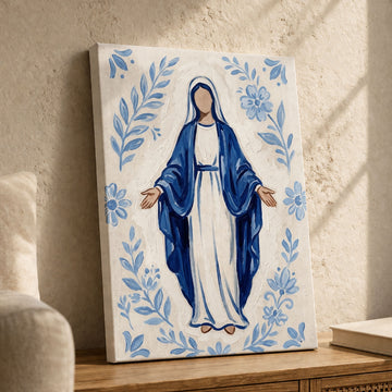 Minimalist Virgin Mary Canvas Print, Blue Madonna Catholic Wall Art, Christian Religious Decor, Sacred Home Painting