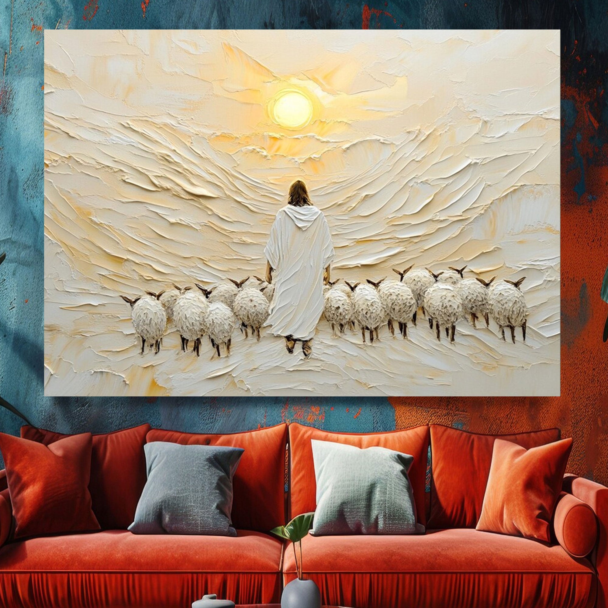 Spiritual Shepherd with Sheep Canvas Print, Jesus Wall Art, Good Shepherd Christian Decor, Religious Home Decor, Inspirational Faith Gift