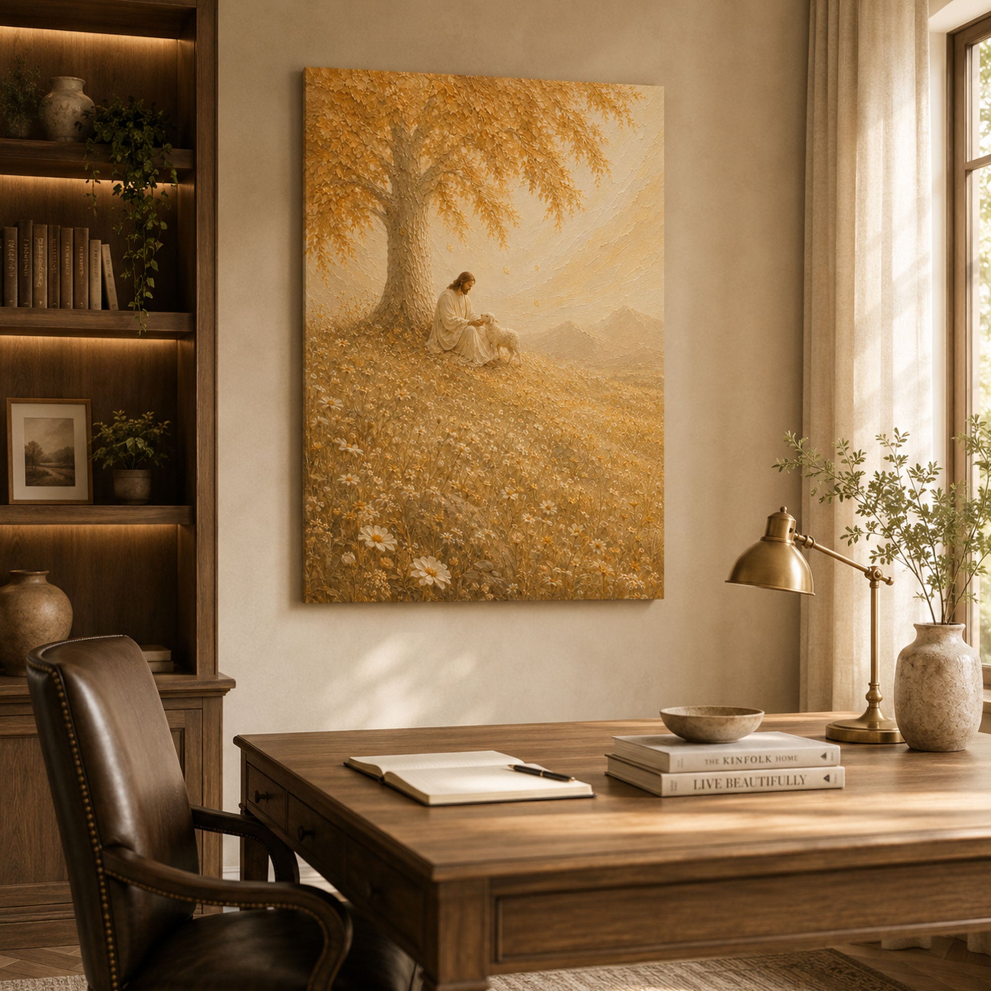 Good Shepherd Jesus with Lamb Canvas Print, Golden Meadow Christian Wall Art, Peaceful Faith Home Decor