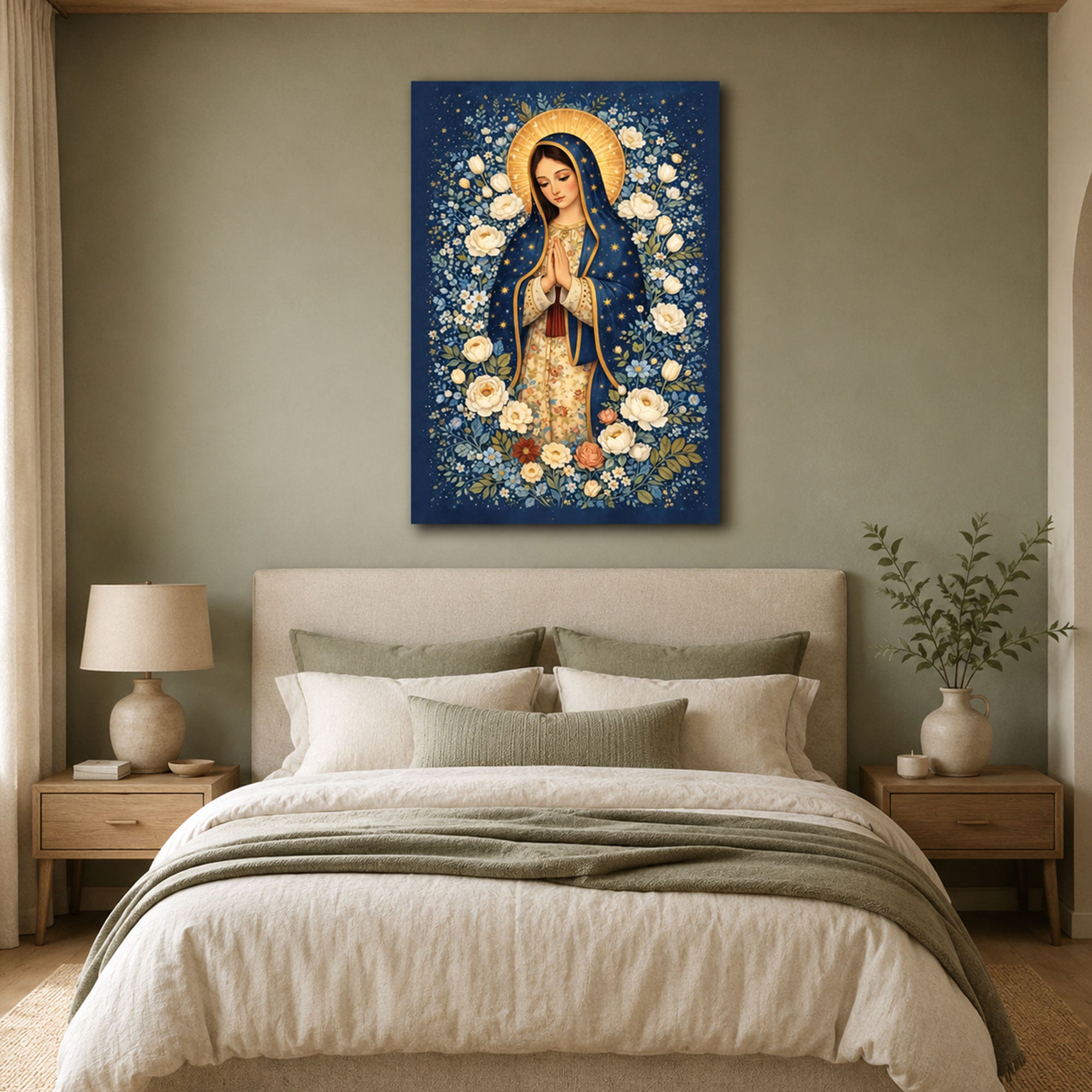 Floral Virgin Mary Canvas Print, Blessed Mother Christian Wall Art, Blue Catholic Faith Decor, Heavenly Floral Artwork
