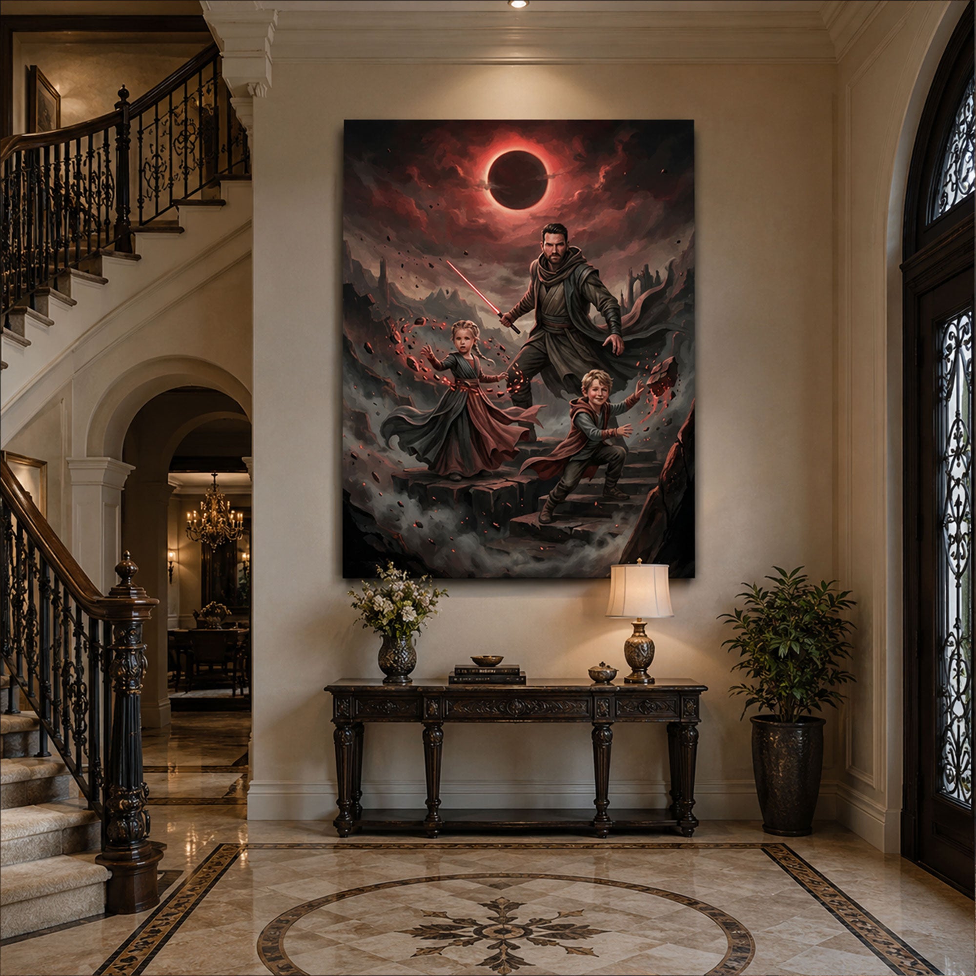 Custom Crimson Ascension Canvas, Personalized Father and Kids Fantasy Wall Art, Father’s Day Gift