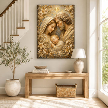 Holy Family Jesus Mary and Joseph Canvas Print, Golden Floral Catholic Wall Decor, Family Faith Gift