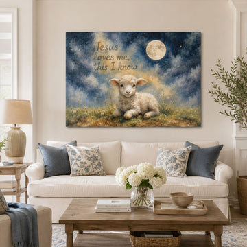 Jesus Loves Me This I Know Canvas Print, Moonlit Lamb Christian Decor