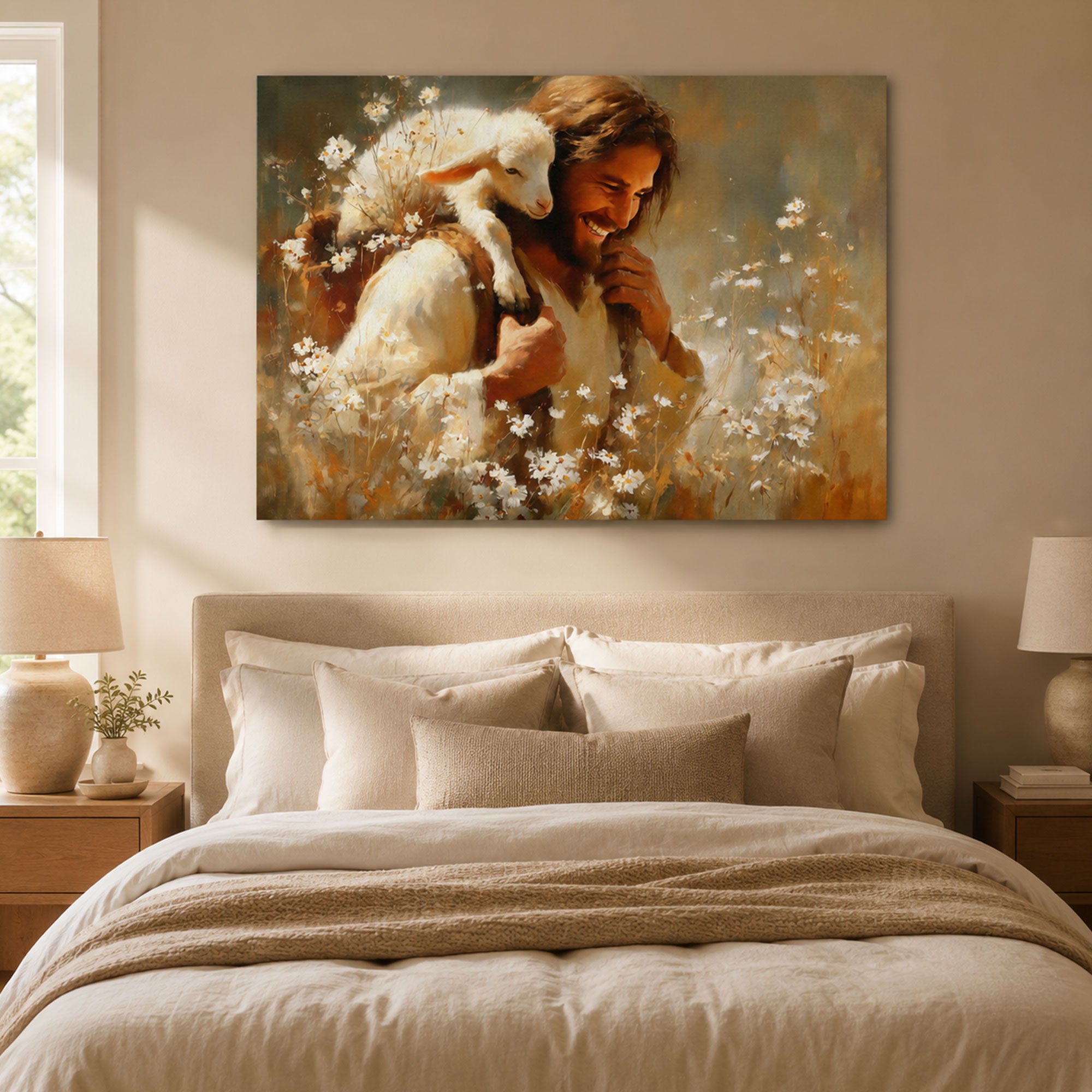 Jesus with Lamb Canvas Print, Good Shepherd Christian Wall Art, Religious Faith Home Decor, Inspirational Gift