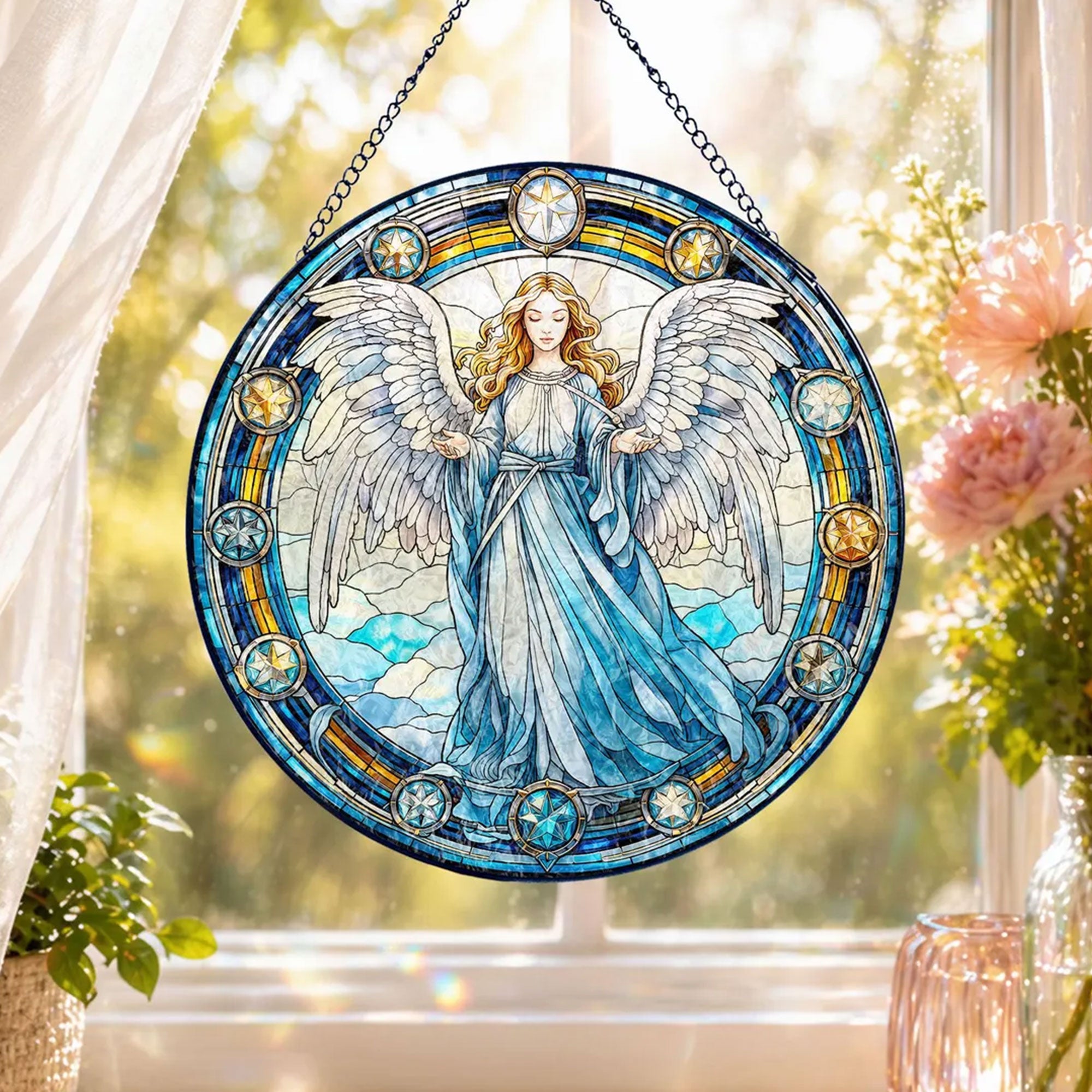 Guardian Angel Stained Glass Suncatcher, Religious Window Hanging Gift