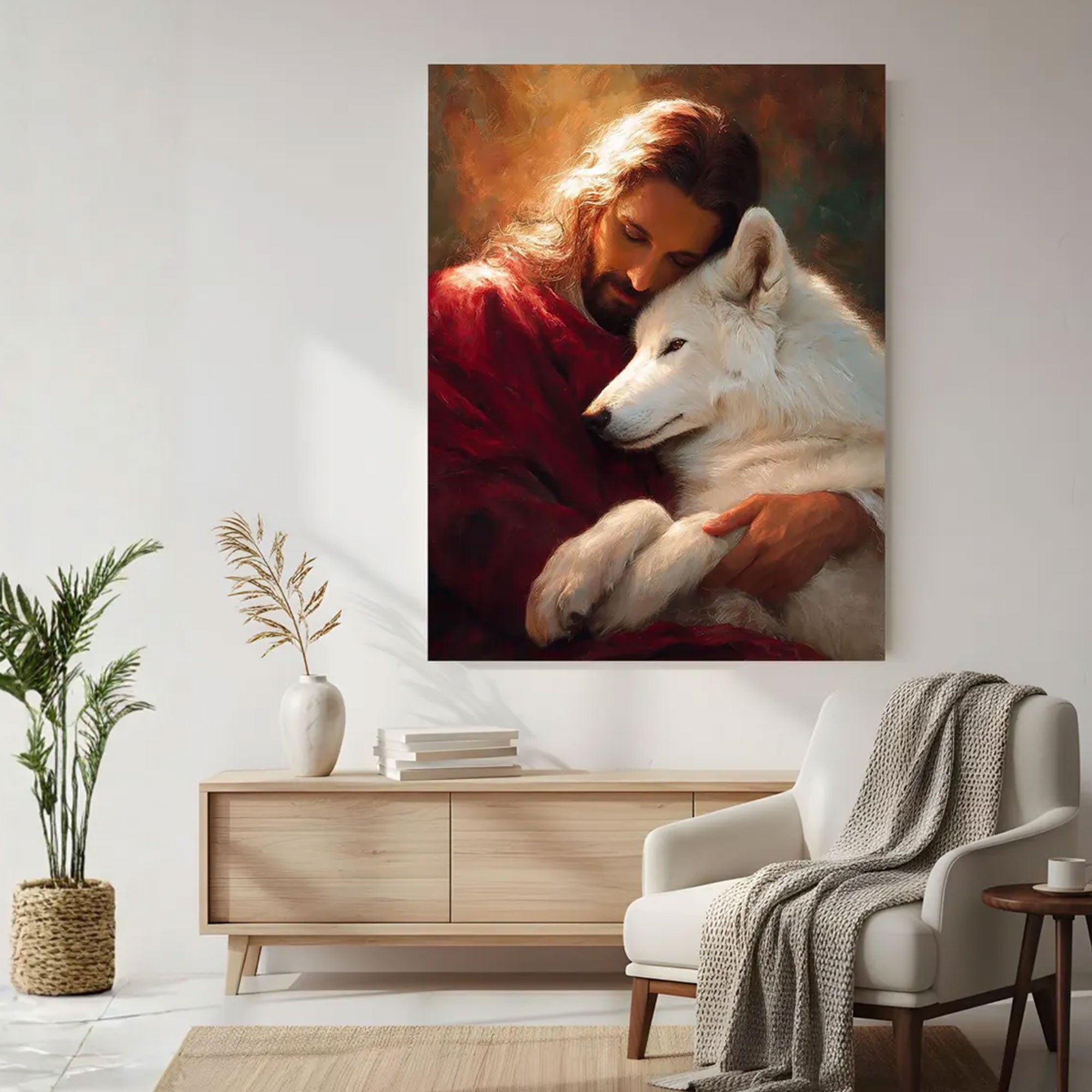 Jesus Holding Wolf Canvas Wall Art, Symbol of Redemption and Transformation, Christian Faith Decor, Spiritual Healing Artwork, Inspirational Home Gift
