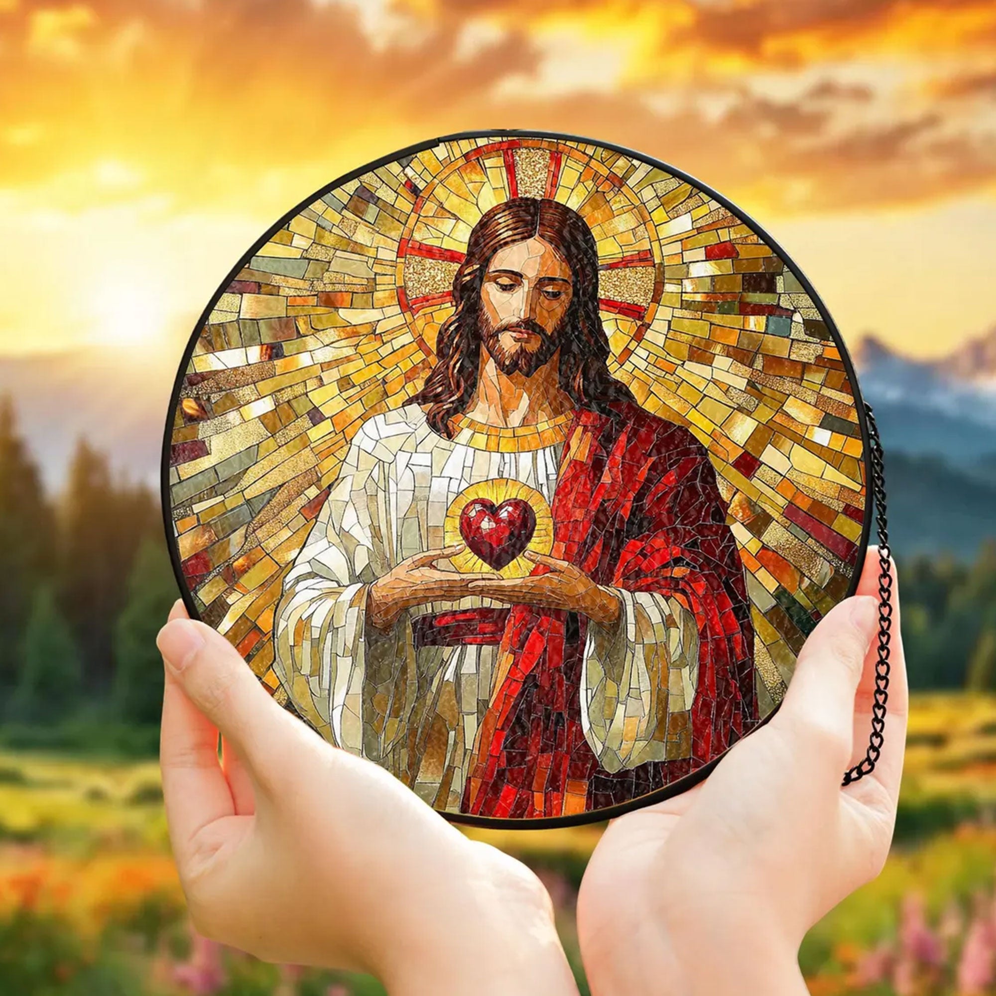 Sacred Heart of Jesus Stained Glass Suncatcher, Christian Window Hanging Decor, Catholic Religious Faith Gift