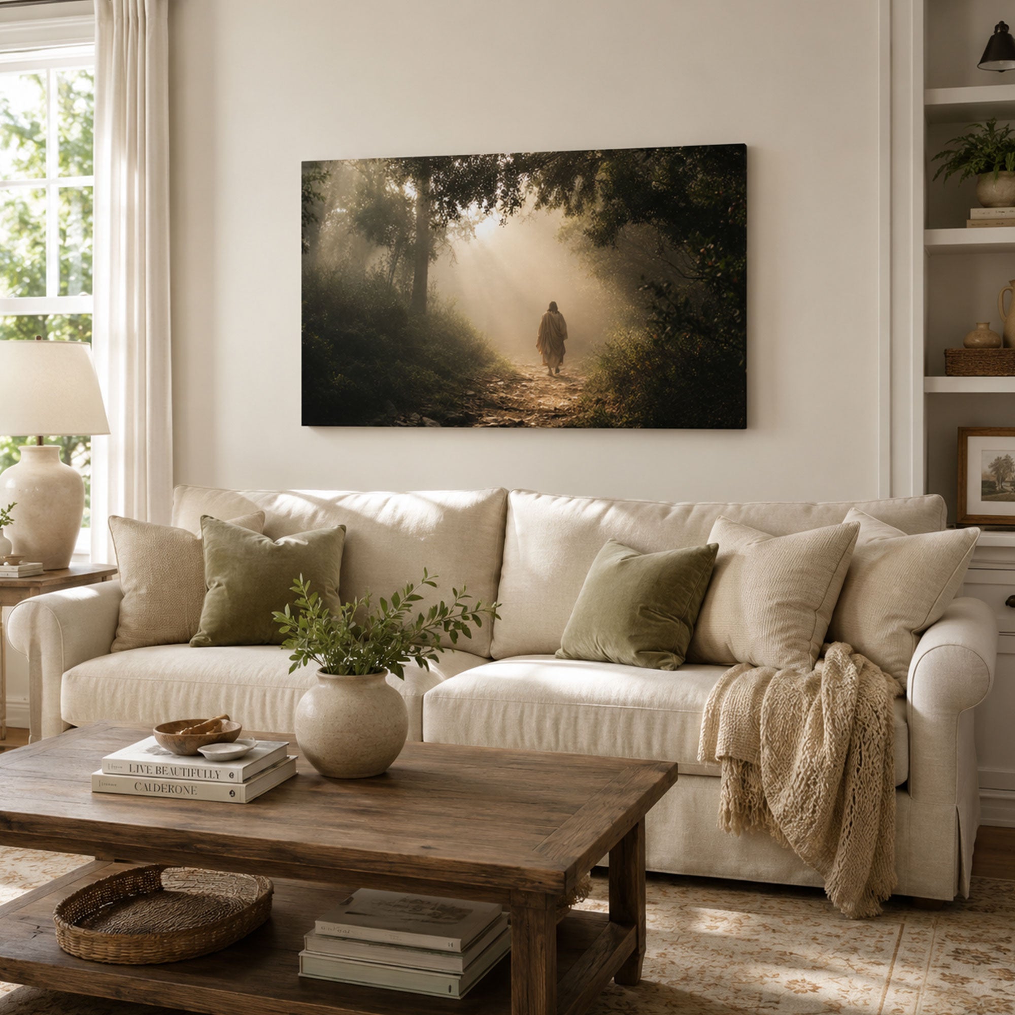 Jesus Walking Through the Forest Canvas Print, Light Filled Christian Faith Decor