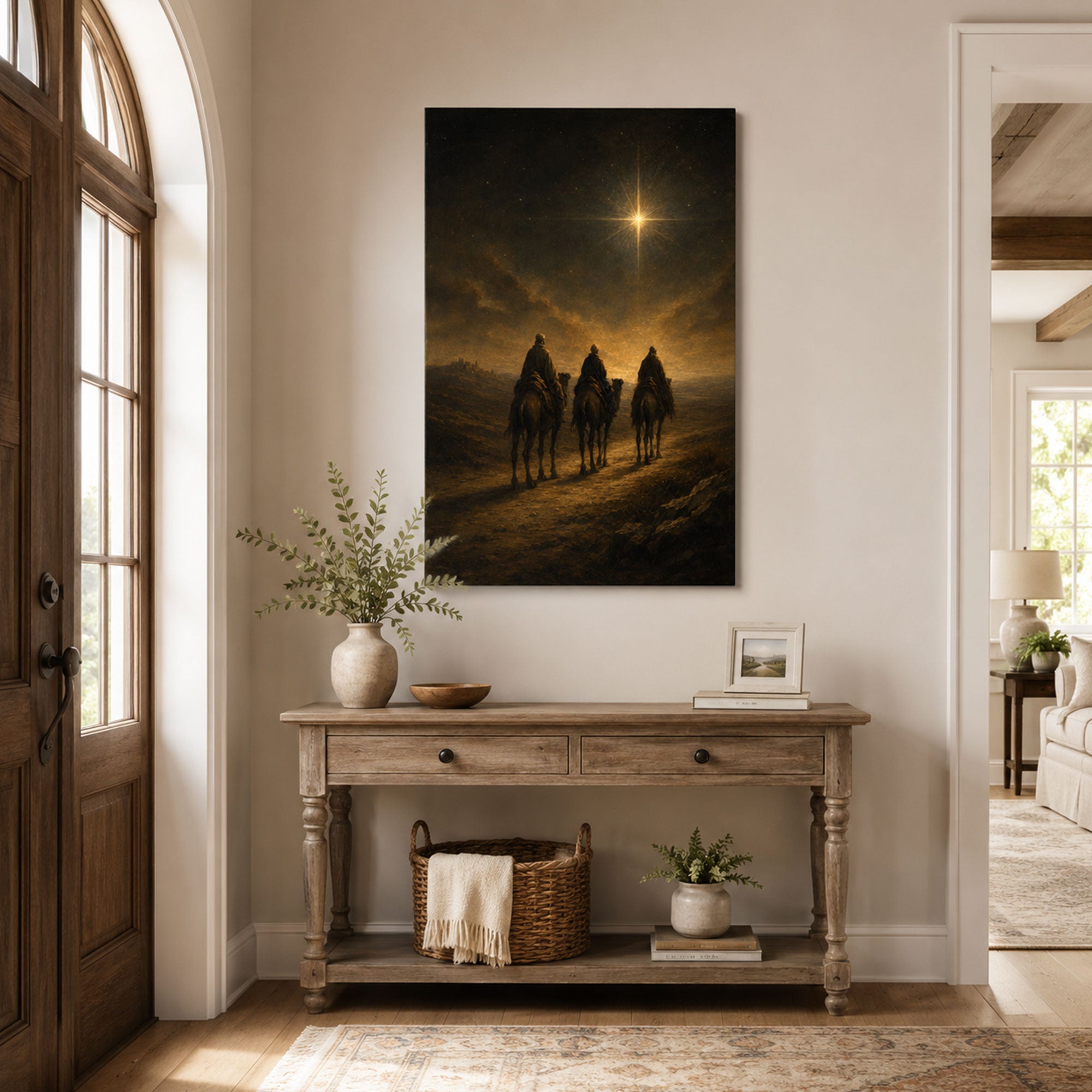 Three Wise Men Beneath the Bethlehem Star Canvas Print, Dark Gold Christian Decor