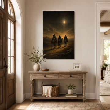 Three Wise Men Beneath the Bethlehem Star Canvas Print, Dark Gold Christian Decor