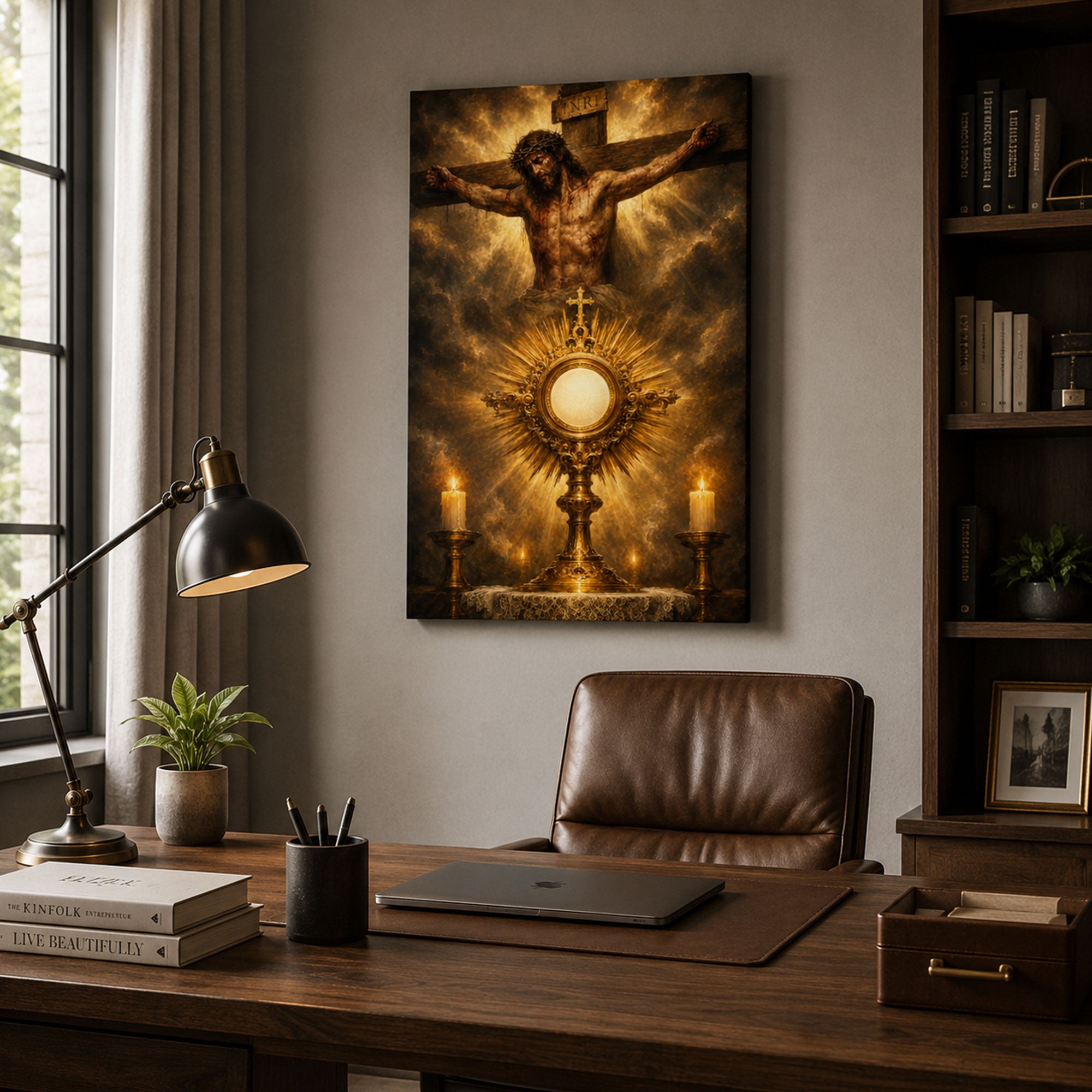Jesus Crucifixion and Holy Eucharist Canvas Print, Blessed Sacrament Catholic Wall Art, Faith Home Decor Gift