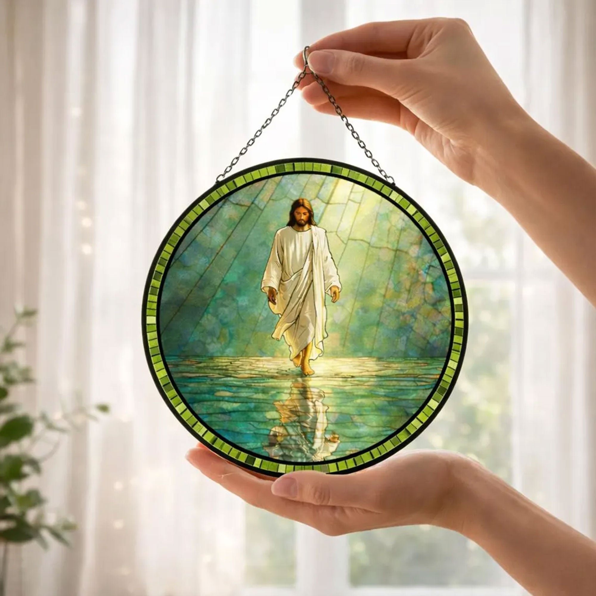 Jesus Walking on Water Stained Glass Suncatcher, Christian Window Hanging Decor, Faith Religious Gift, Handmade Glass Art