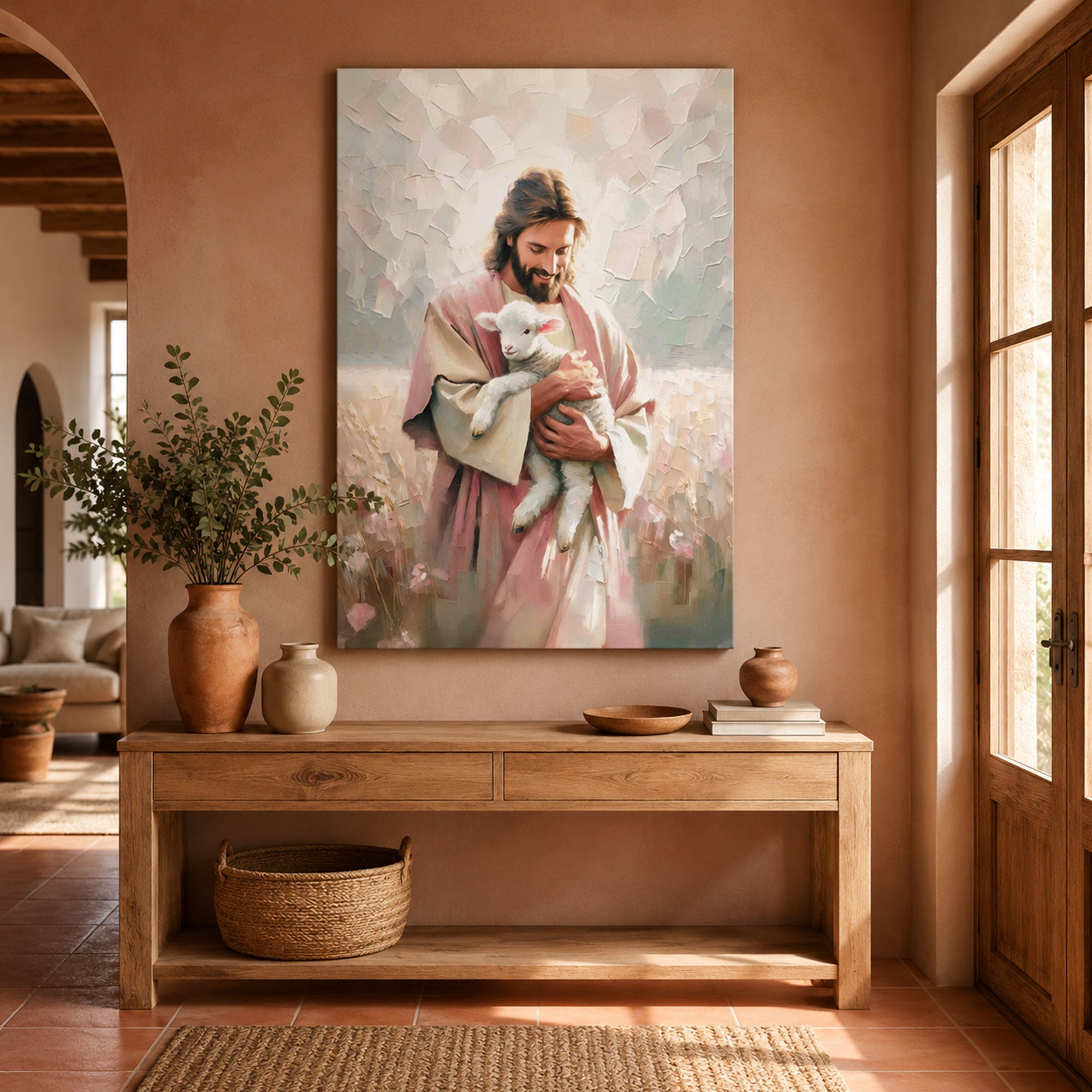 Jesus Embracing Lamb Canvas Print, Pink Christian Wall Art, Good Shepherd Faith Decor, Spiritual Religious Artwork
